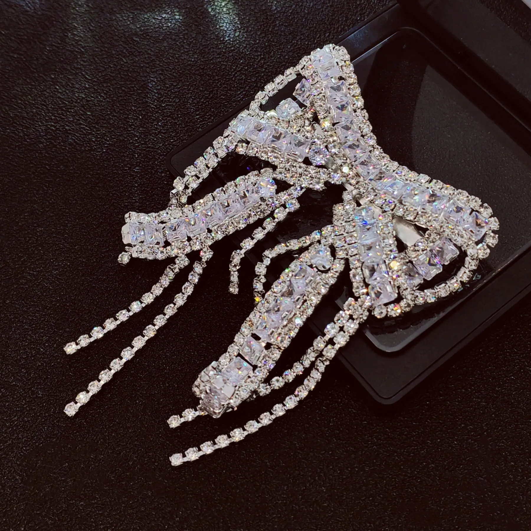 Crystal Bow Brooch Pin with Dangling Chains, Silver-Tone, CZ&Rhinestone Encrusted