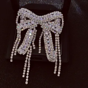 Crystal Bow Brooch Pin with Dangling Chains, Silver-Tone, CZ&Rhinestone Encrusted