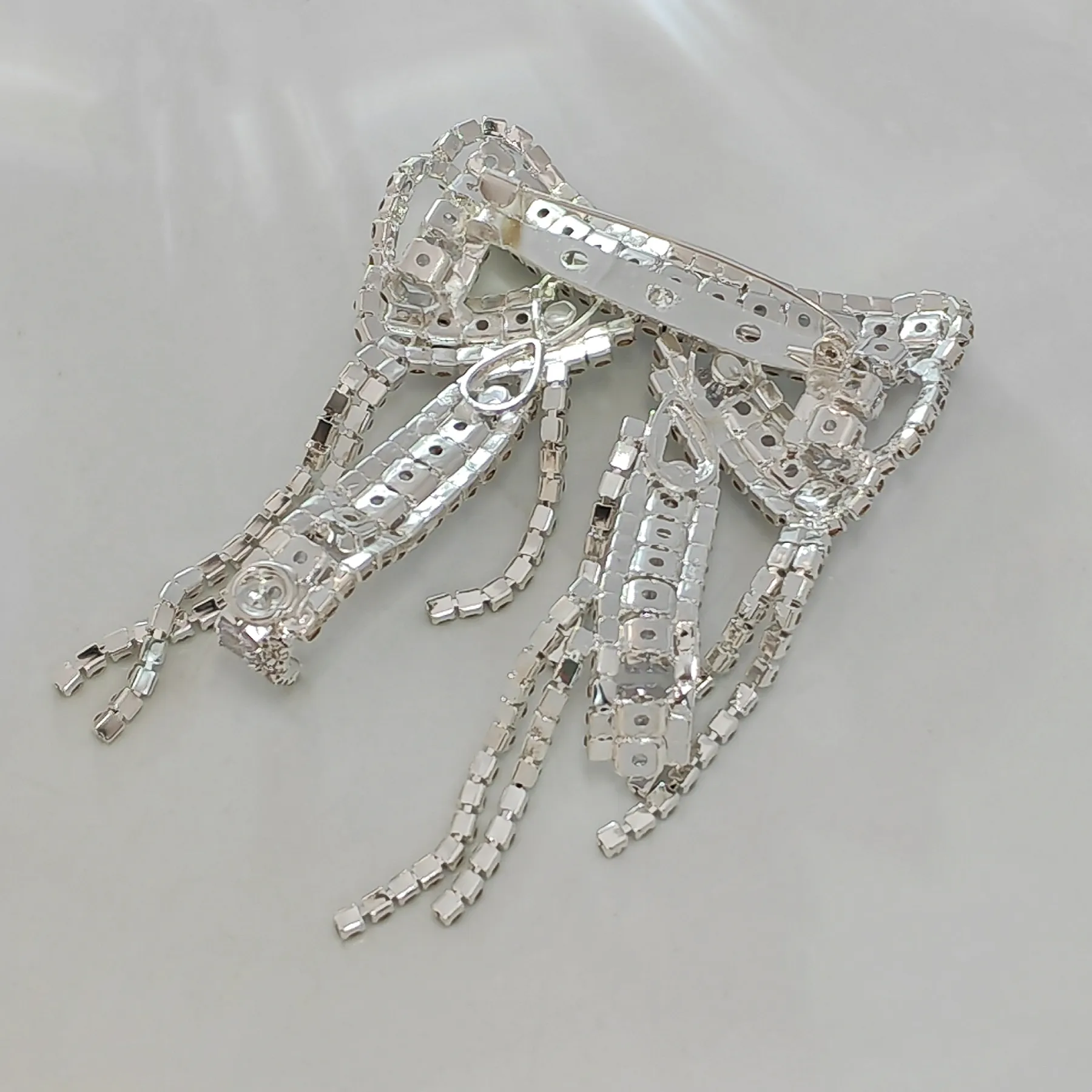 Crystal Bow Brooch Pin with Dangling Chains, Silver-Tone, CZ&Rhinestone Encrusted