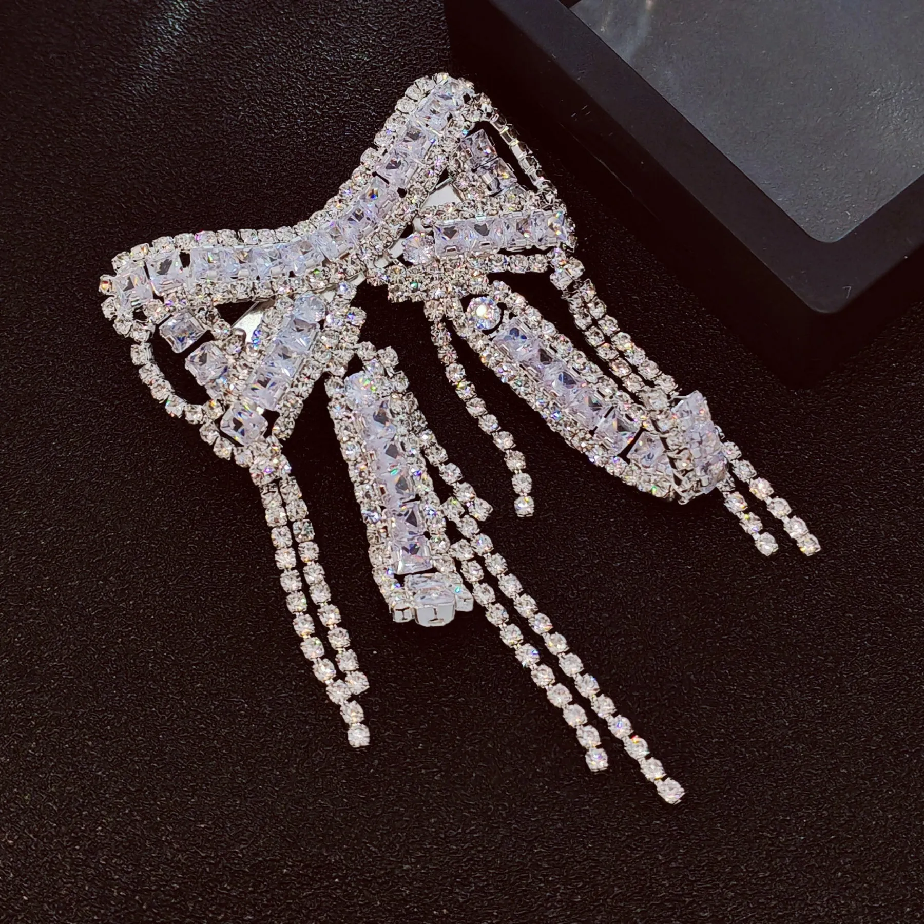 Crystal Bow Brooch Pin with Dangling Chains, Silver-Tone, CZ&Rhinestone Encrusted