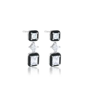 Cubic Zirconia Three Stone With Enamel Drop Earrings - Silver White
