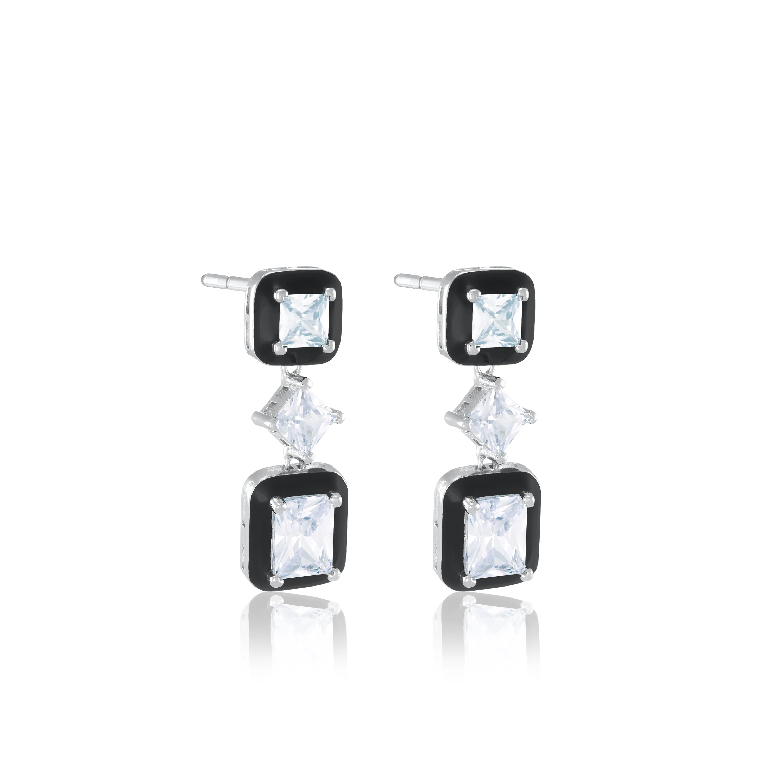 Cubic Zirconia Three Stone With Enamel Drop Earrings - Silver White