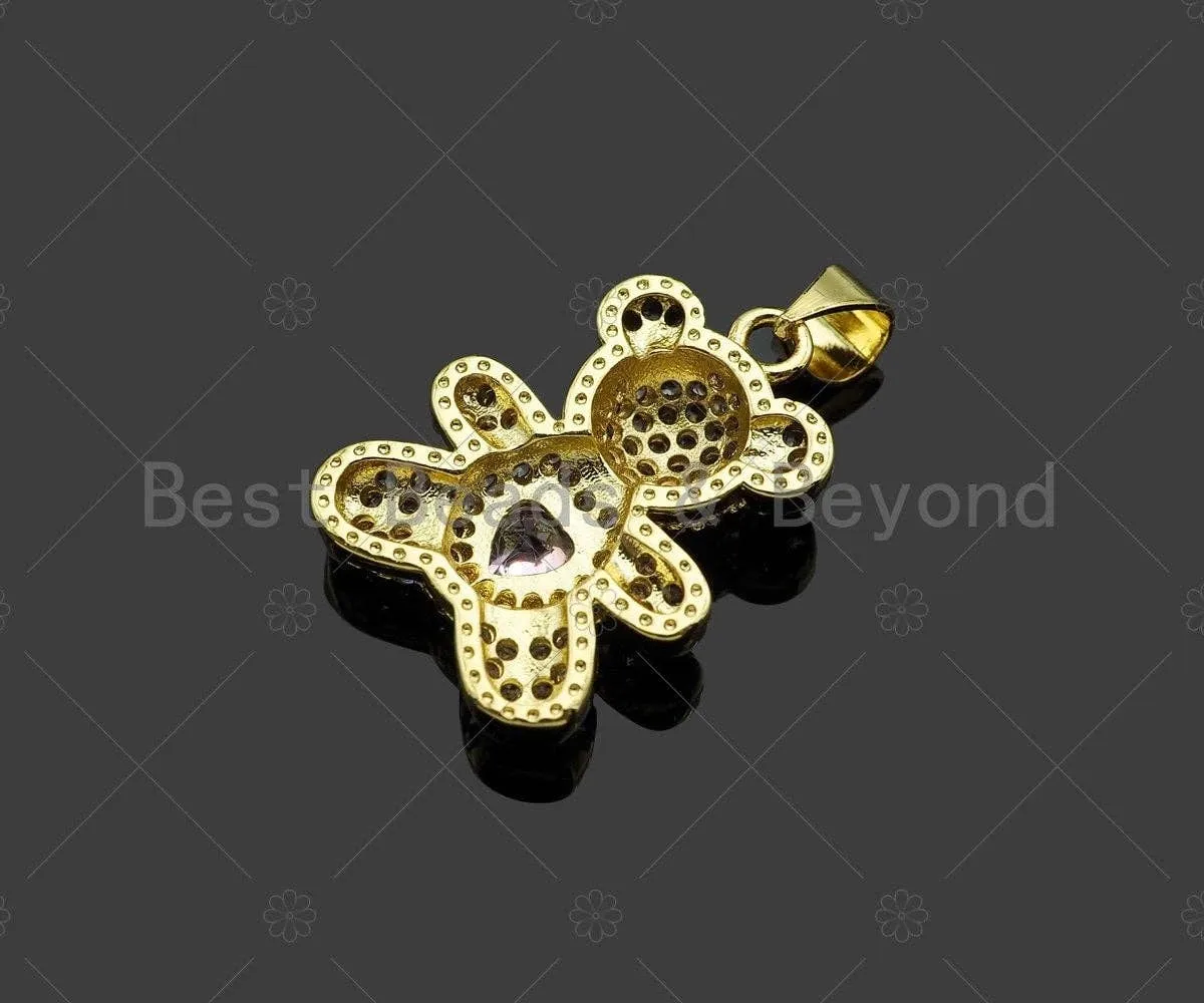 CZ Micro Pave Colorful Heart On Teddy Bear Pendant/Charm, Colorful Cubic Zirconia Charm, Necklace Bracelet Charm Pendant,20x15mm, Sku#LK216