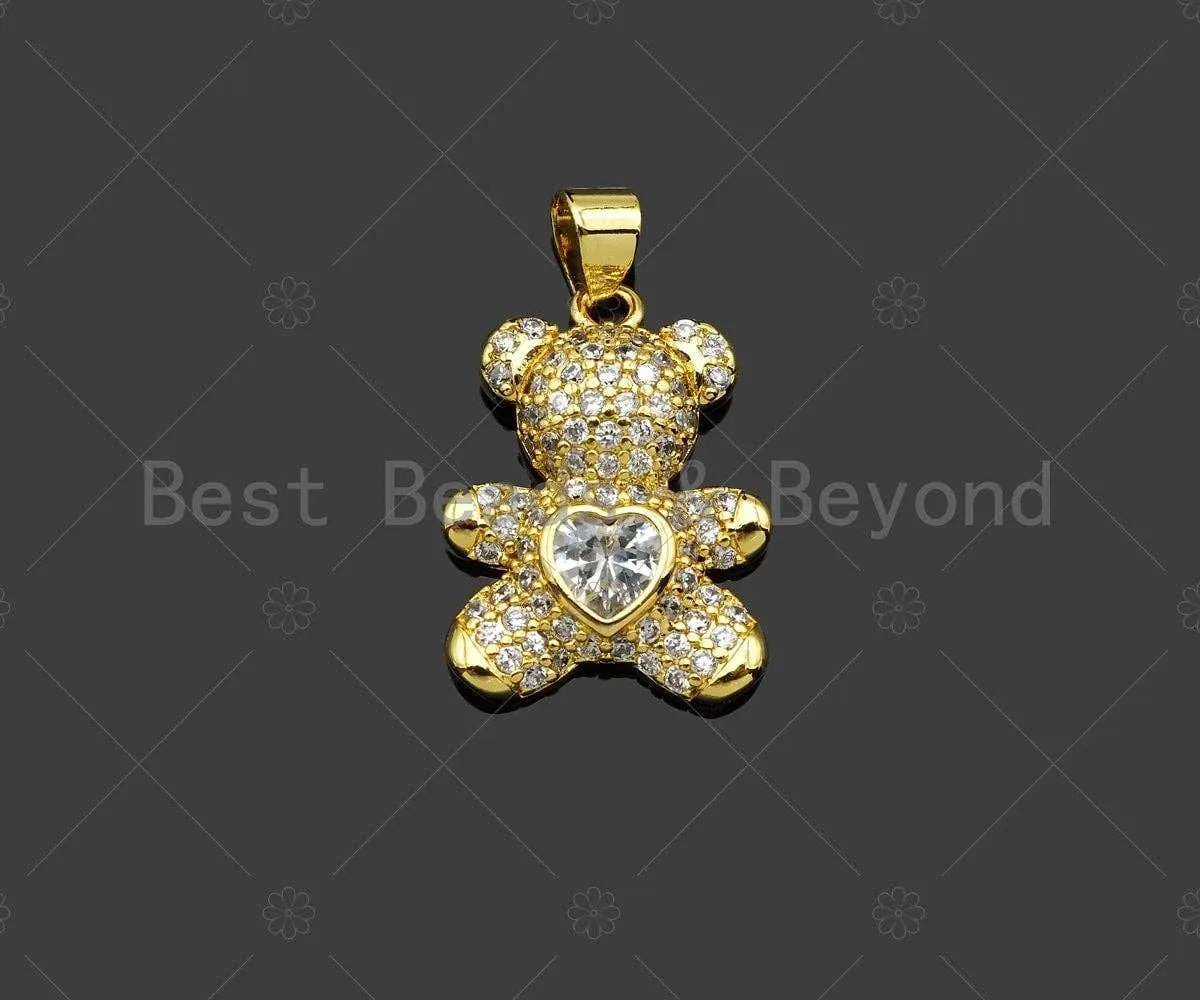 CZ Micro Pave Colorful Heart On Teddy Bear Pendant/Charm, Colorful Cubic Zirconia Charm, Necklace Bracelet Charm Pendant,20x15mm, Sku#LK216