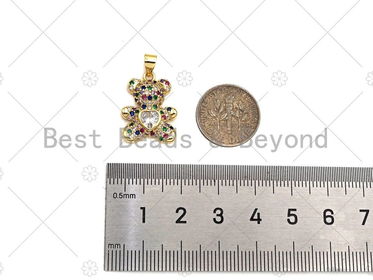 CZ Micro Pave Colorful Heart On Teddy Bear Pendant/Charm, Colorful Cubic Zirconia Charm, Necklace Bracelet Charm Pendant,20x15mm, Sku#LK216