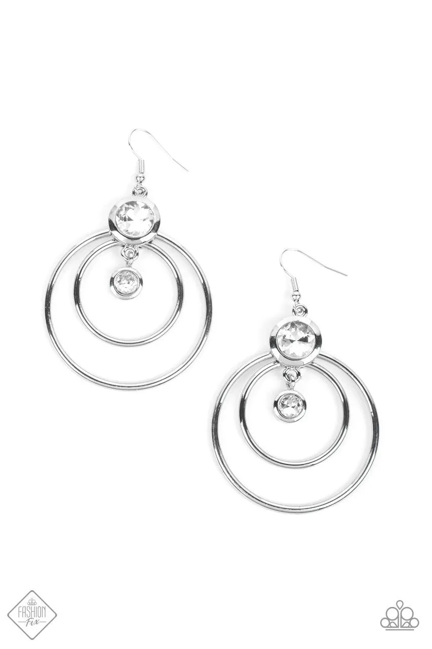 Dapperly Deluxe - White - Rhinestone Hoop Paparazzi Fishhook Earrings - November 2022 Fiercely 5th Avenue