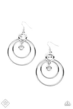 Dapperly Deluxe - White - Rhinestone Hoop Paparazzi Fishhook Earrings - November 2022 Fiercely 5th Avenue