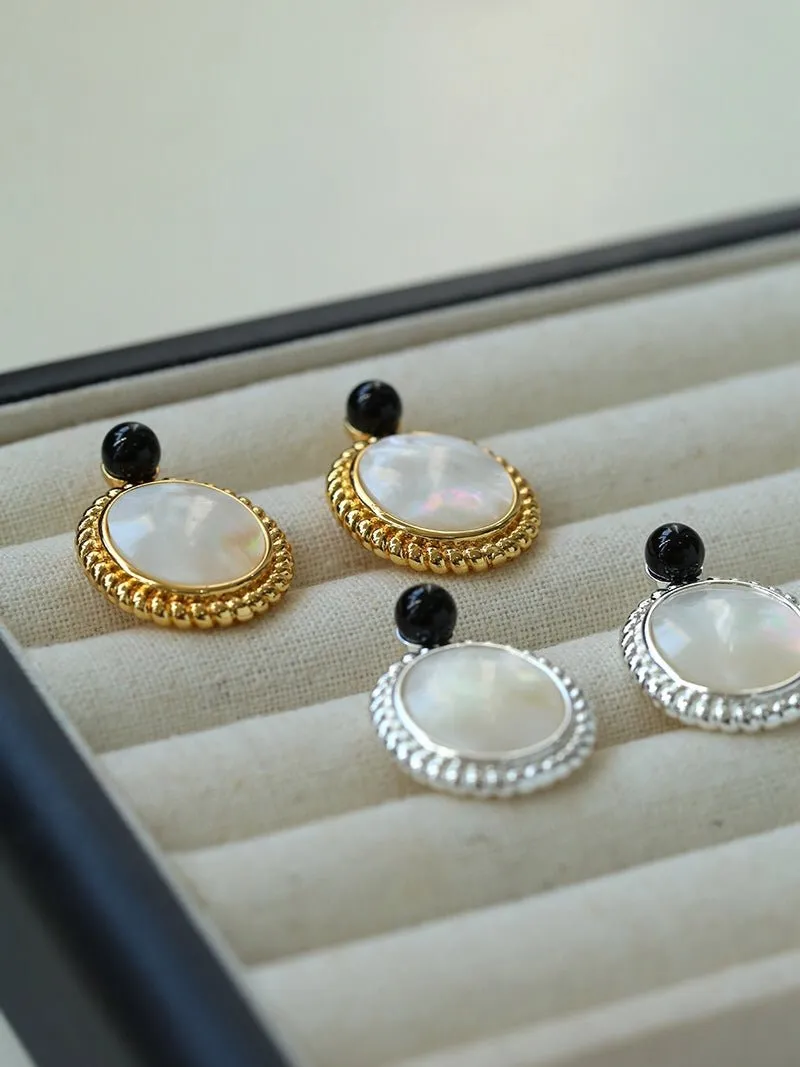 Dark Night Black Agate Mirror White Mother of Pearl Earrings-Mother of Pearl Earrings