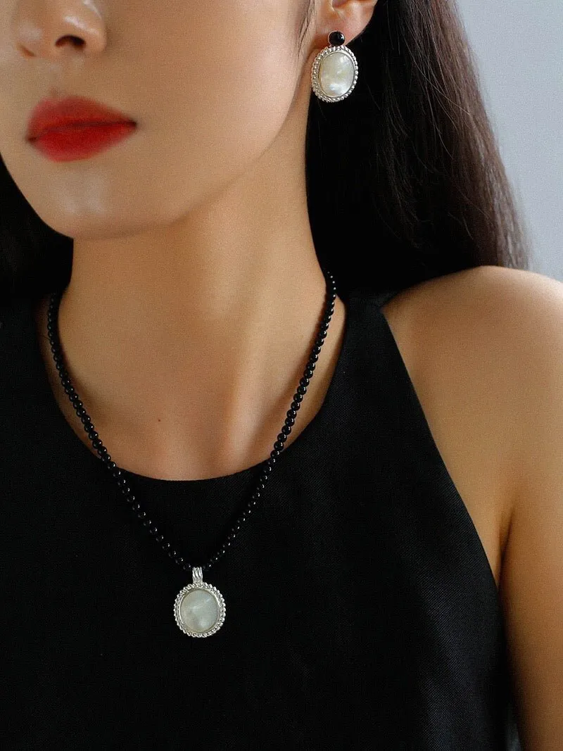 Dark Night Black Agate Mirror White Mother of Pearl Earrings-Mother of Pearl Earrings
