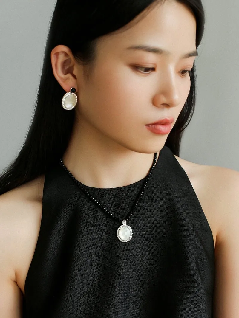 Dark Night Black Agate Mirror White Mother of Pearl Earrings-Mother of Pearl Earrings