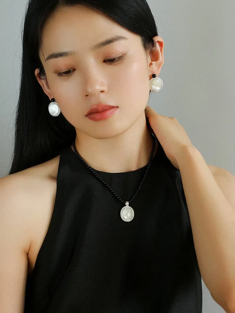 Dark Night Black Agate Mirror White Mother of Pearl Earrings-Mother of Pearl Earrings