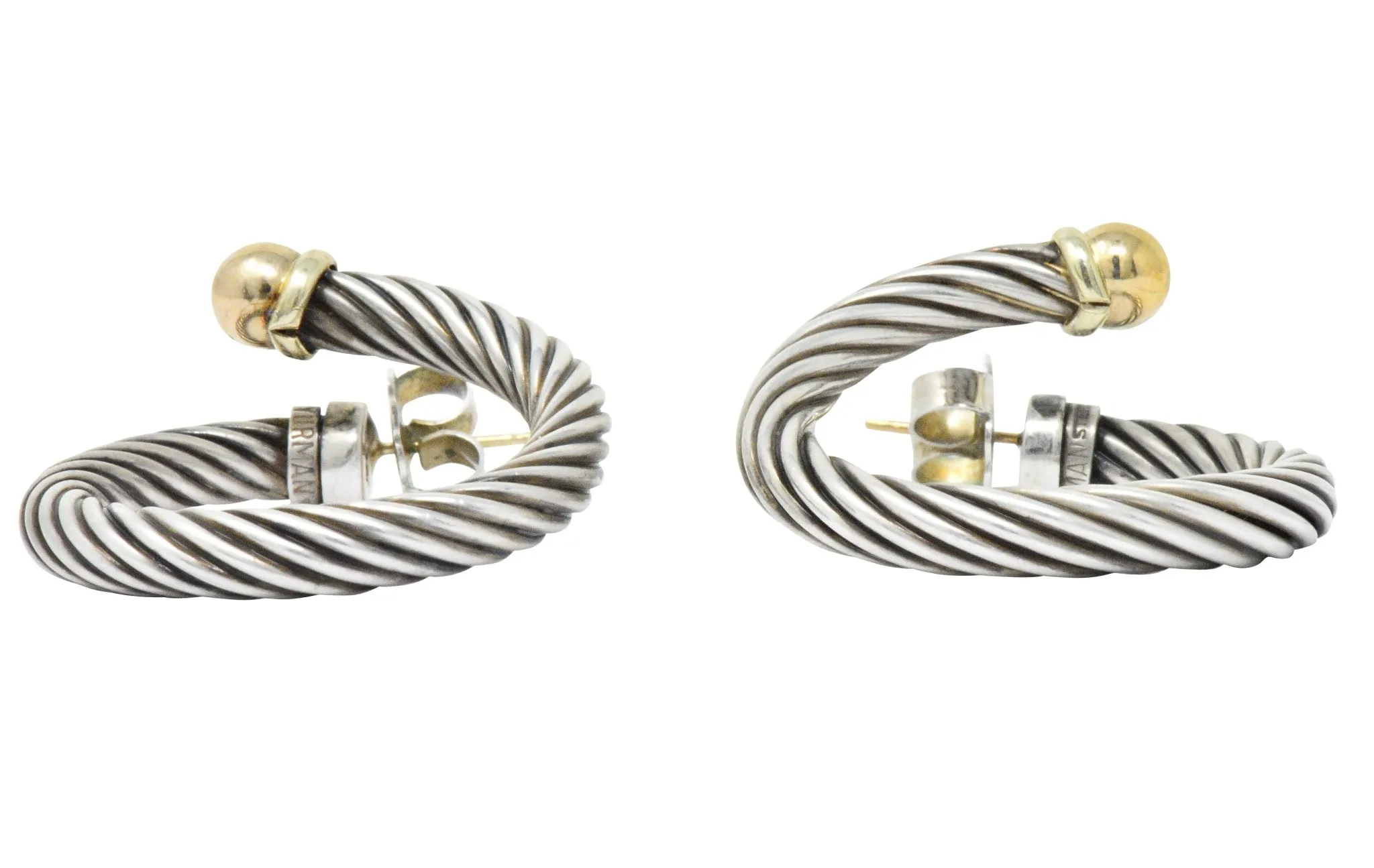 David Yurman 14 Karat Gold Sterling Silver Twisted Cable Torque Hoop Earrings