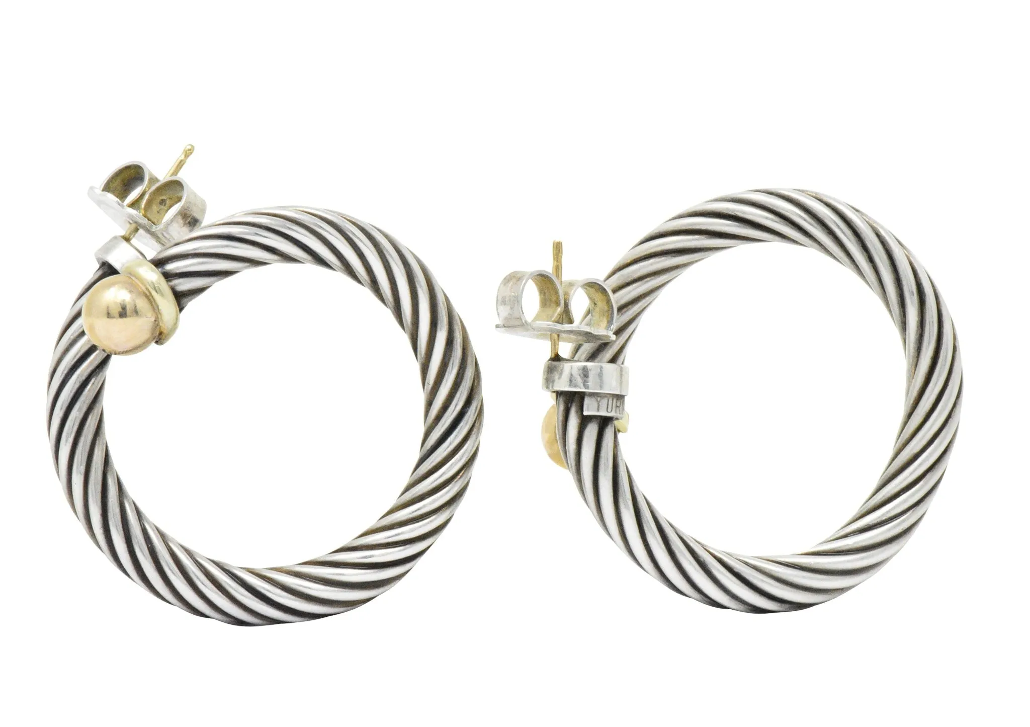 David Yurman 14 Karat Gold Sterling Silver Twisted Cable Torque Hoop Earrings