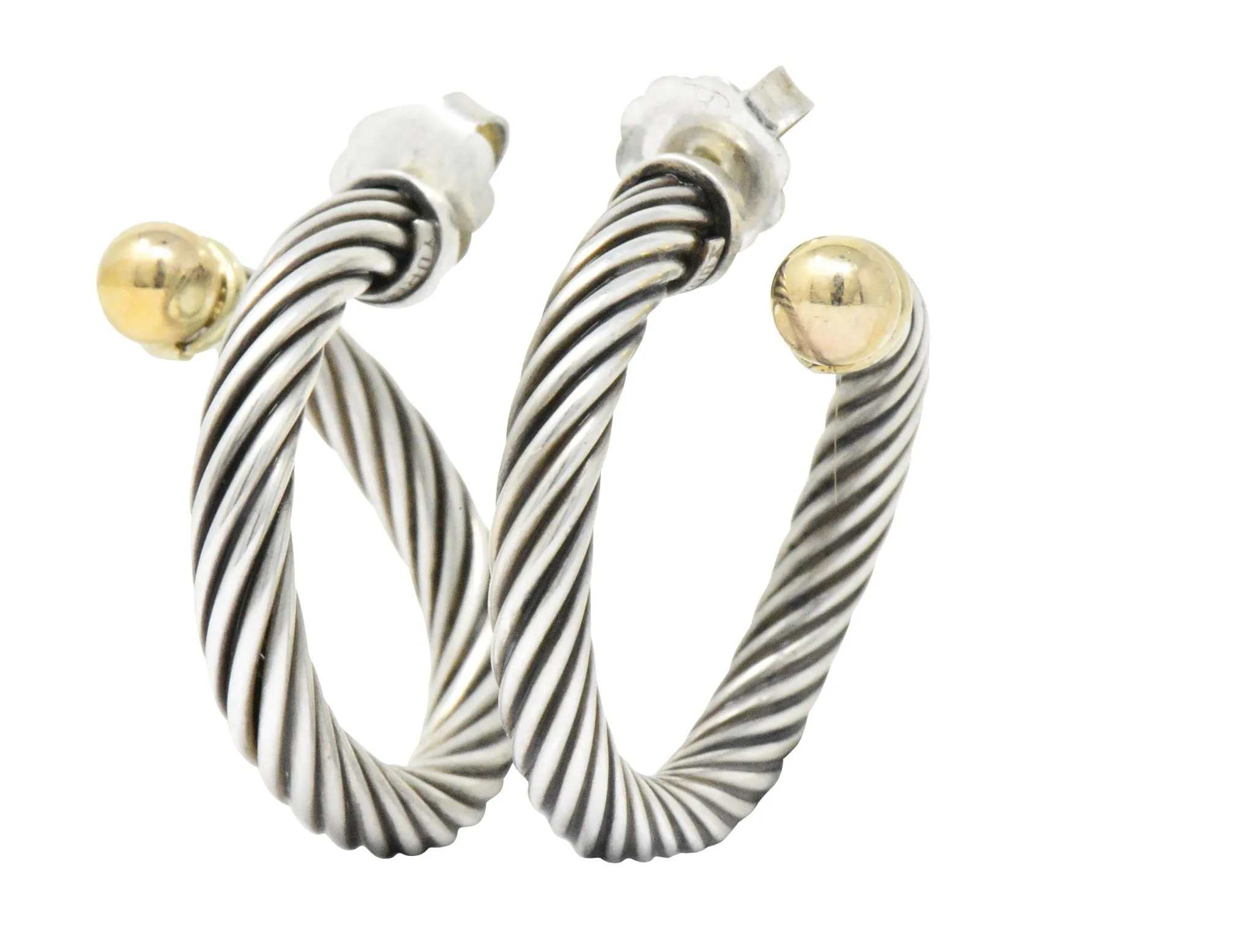 David Yurman 14 Karat Gold Sterling Silver Twisted Cable Torque Hoop Earrings