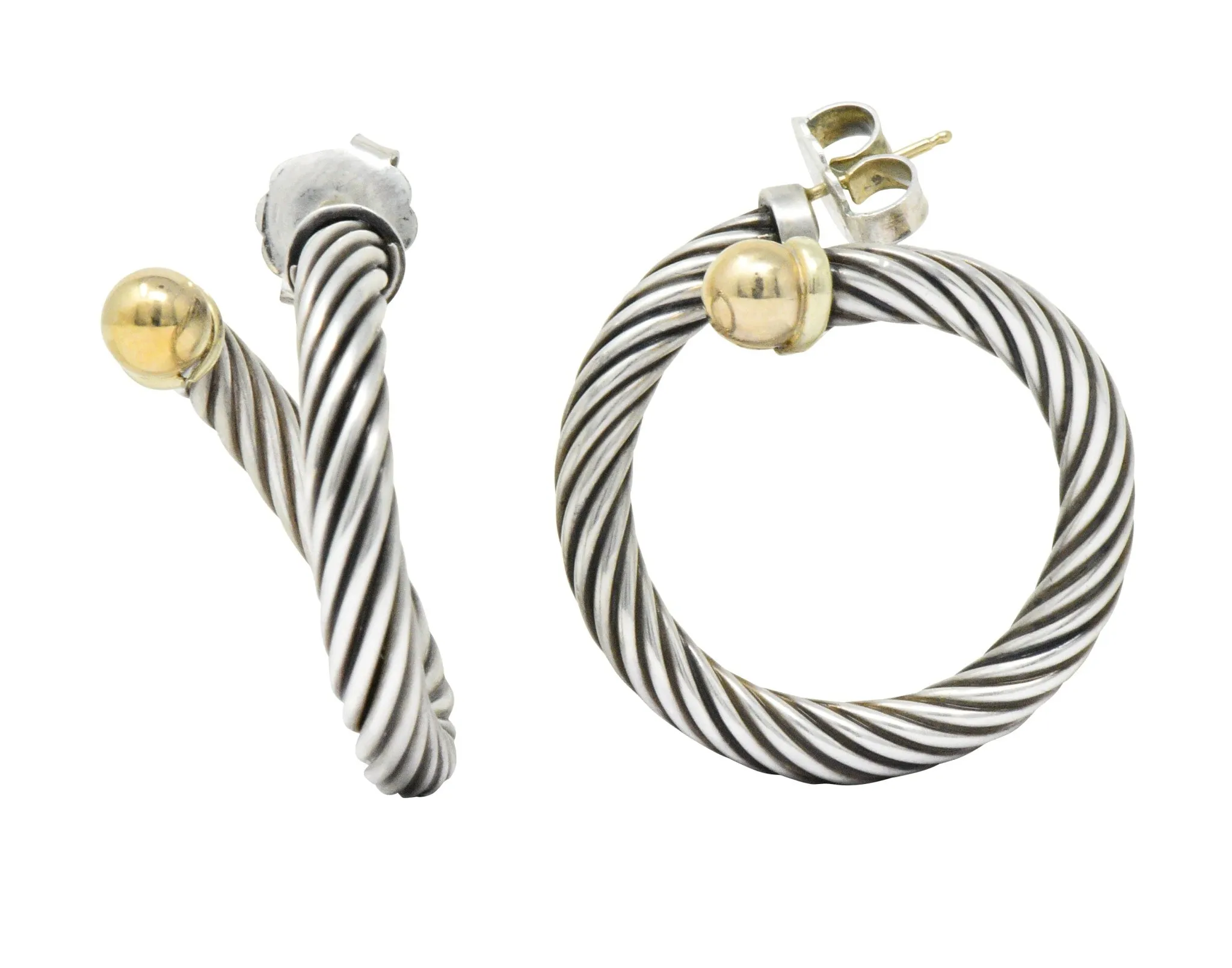 David Yurman 14 Karat Gold Sterling Silver Twisted Cable Torque Hoop Earrings