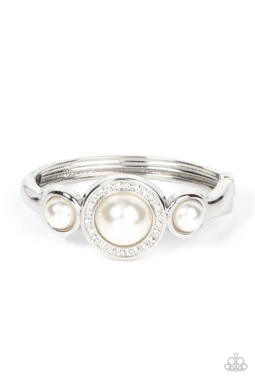 Debutante Daydream White Pearl Rhinestone Paparazzi Hinge Bracelet
