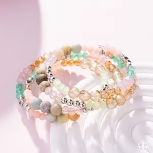 Defaced Delight - Multi - Green and Pink Stone, Silver and Colorful Bead Paparazzi Coil Bracelet - 2025 Empower Me Pink Exclusive