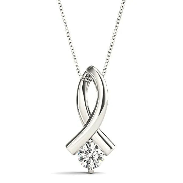 Delicate Ribbon Round Diamond Solitaire Necklace Pendant