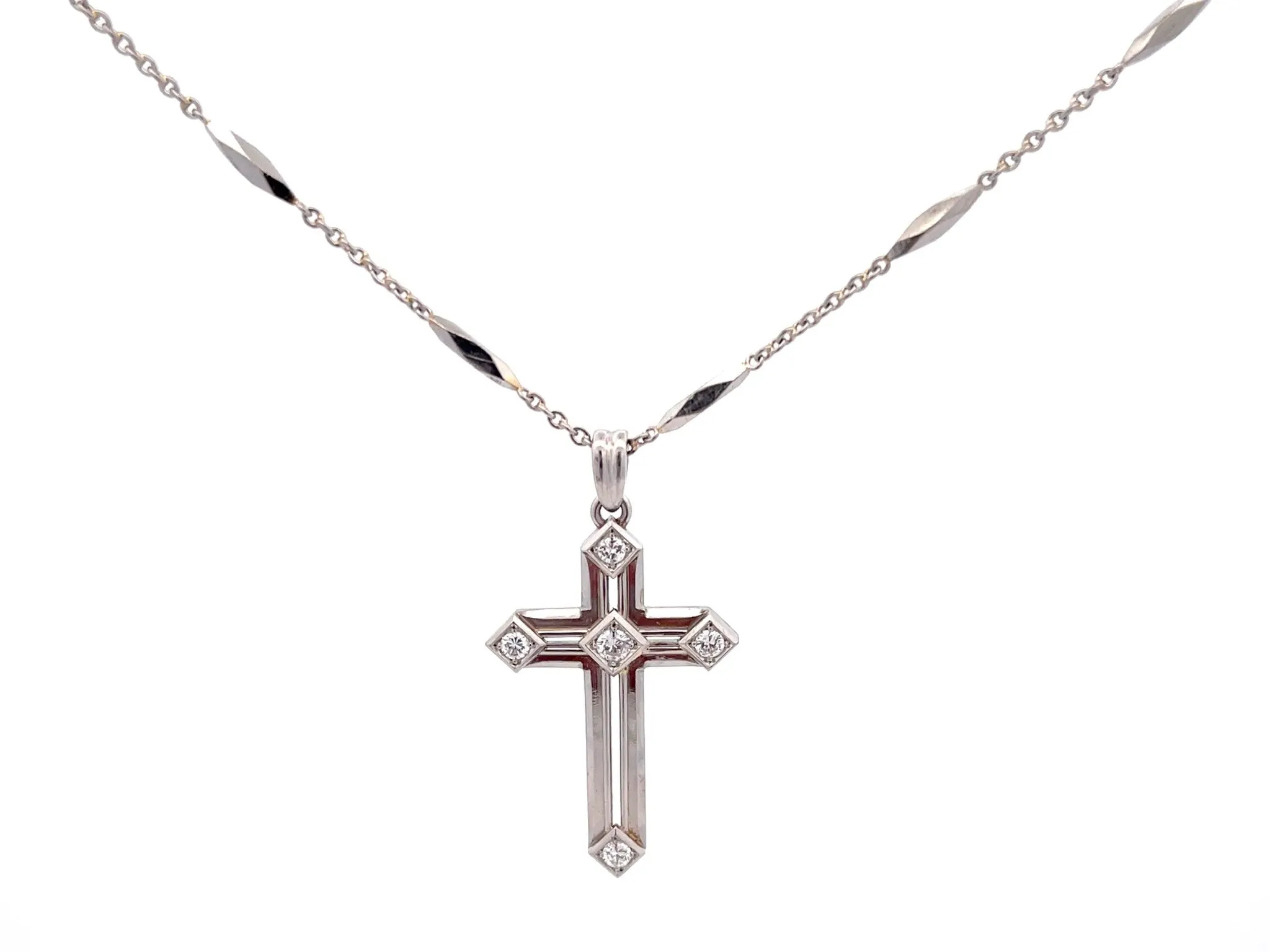 Diamond Cross Pendant and Rolo Link Chain with Diamond Cut Bars