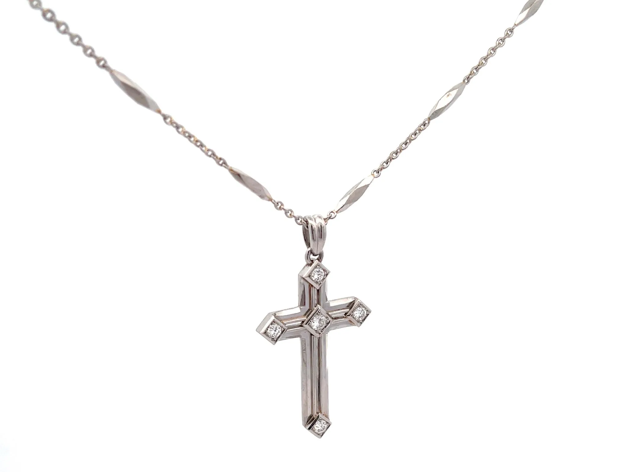 Diamond Cross Pendant and Rolo Link Chain with Diamond Cut Bars