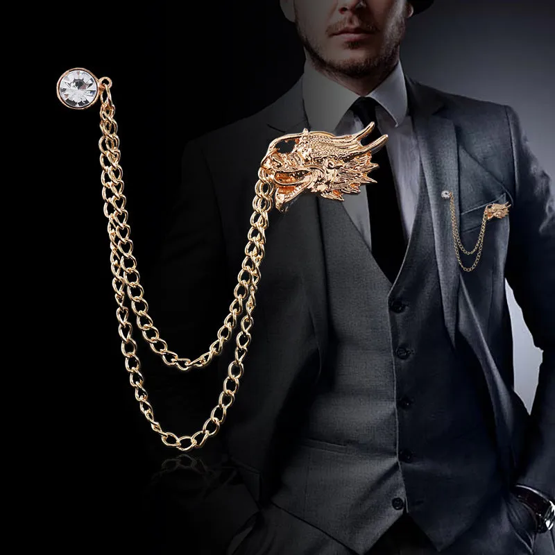 Dragon Head Rhinestone Chain Collar Brooch Lapel Pin 5pcs