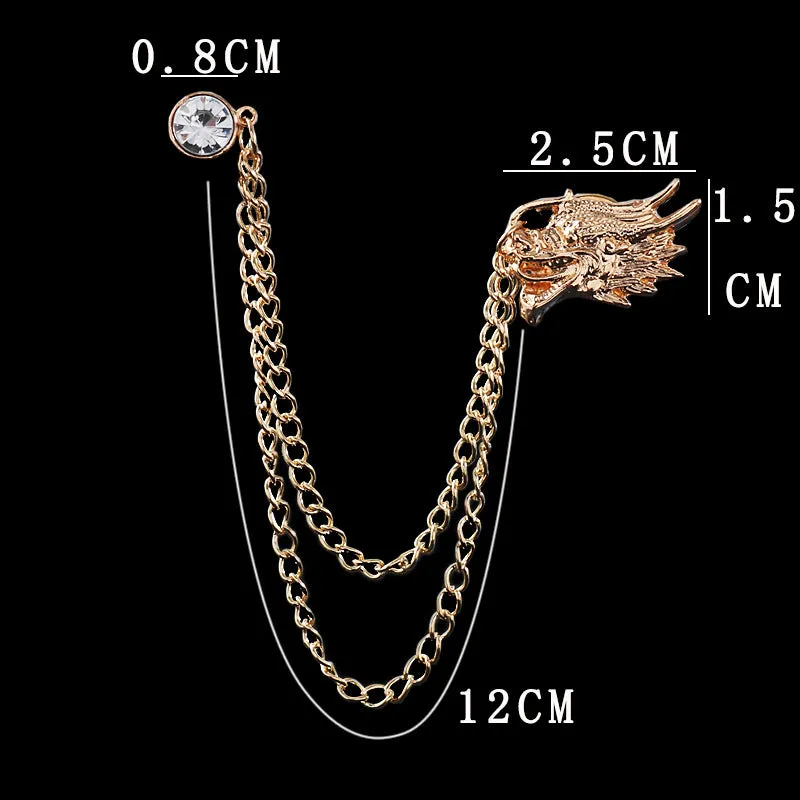 Dragon Head Rhinestone Chain Collar Brooch Lapel Pin 5pcs