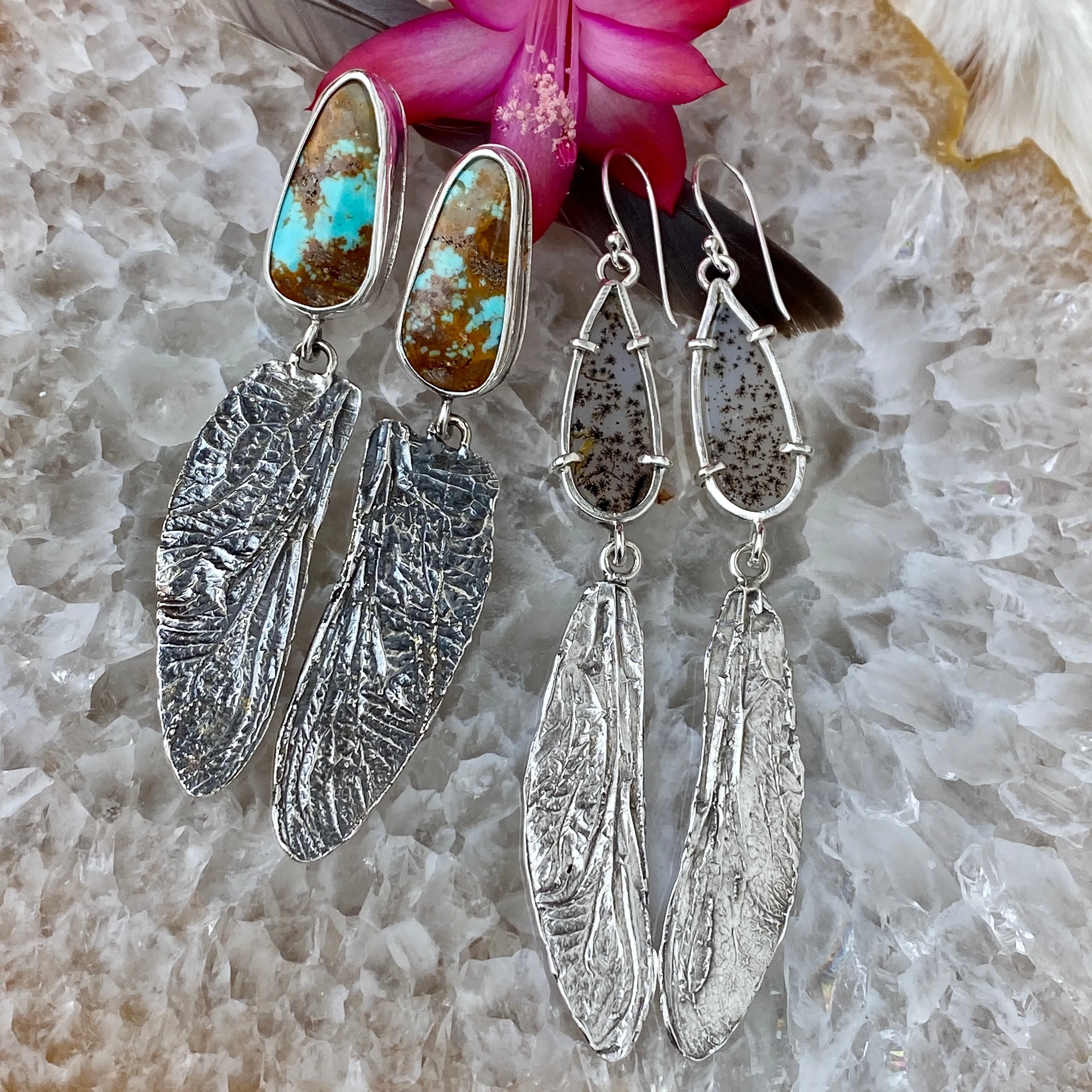 Dragonfly wings & Turquoise hand cast Sterling Silver Earrings