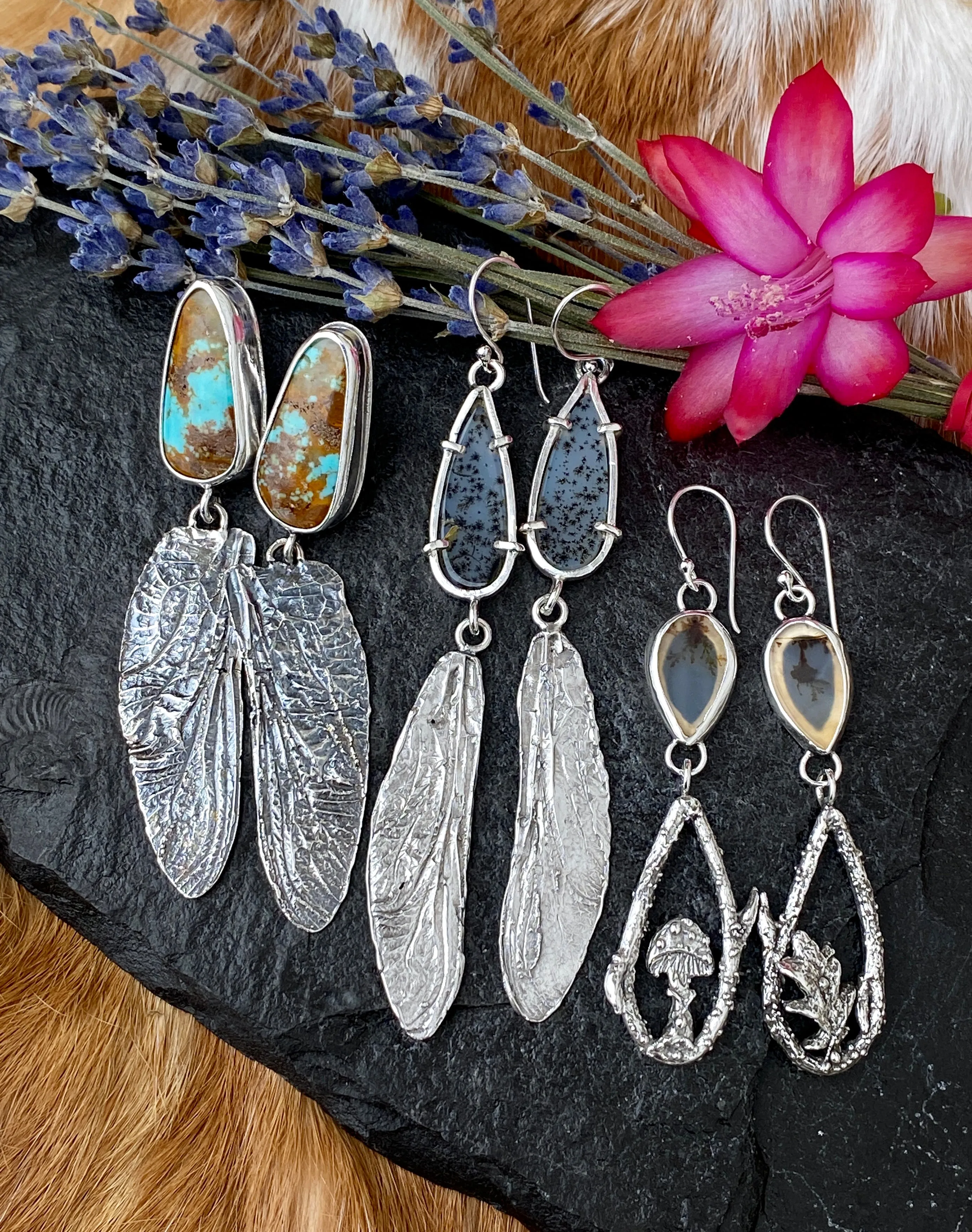 Dragonfly wings & Turquoise hand cast Sterling Silver Earrings
