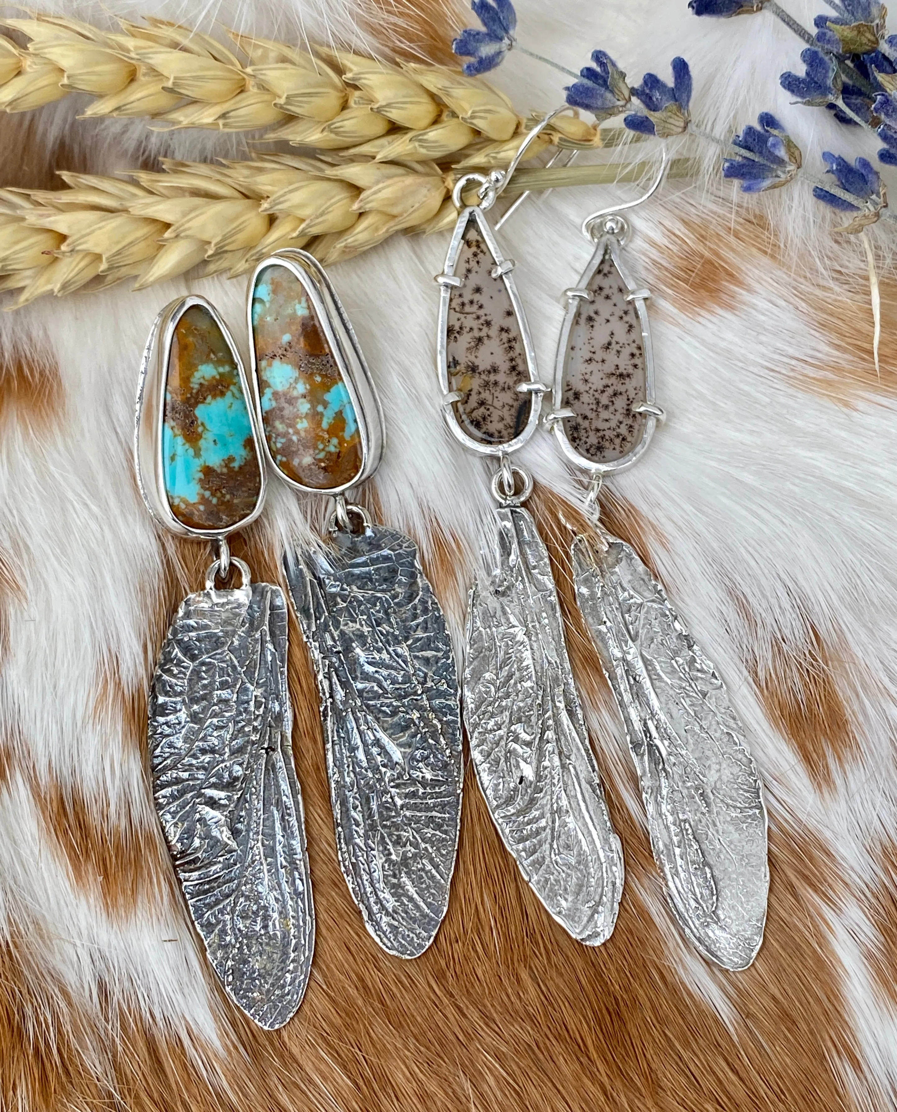 Dragonfly wings & Turquoise hand cast Sterling Silver Earrings