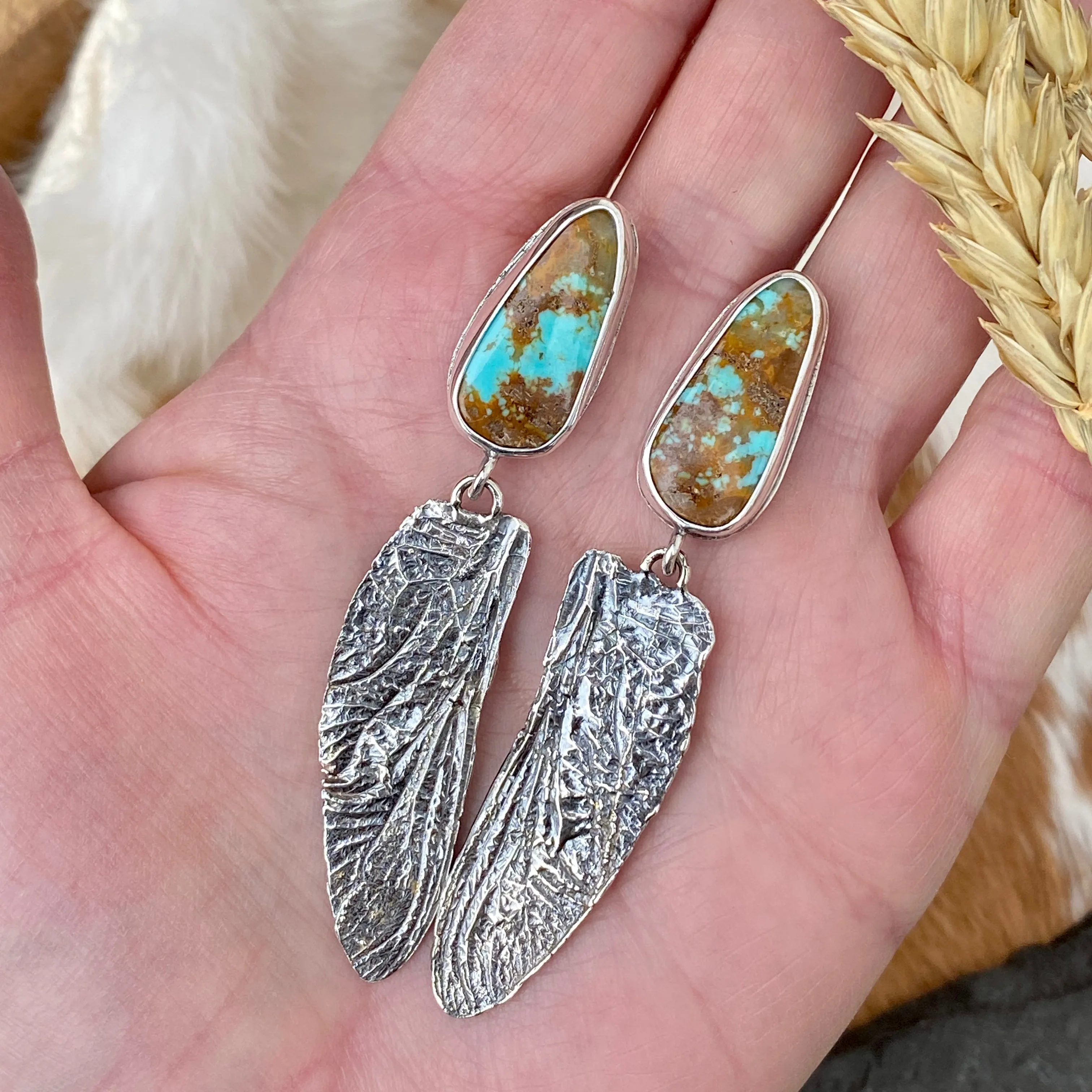 Dragonfly wings & Turquoise hand cast Sterling Silver Earrings