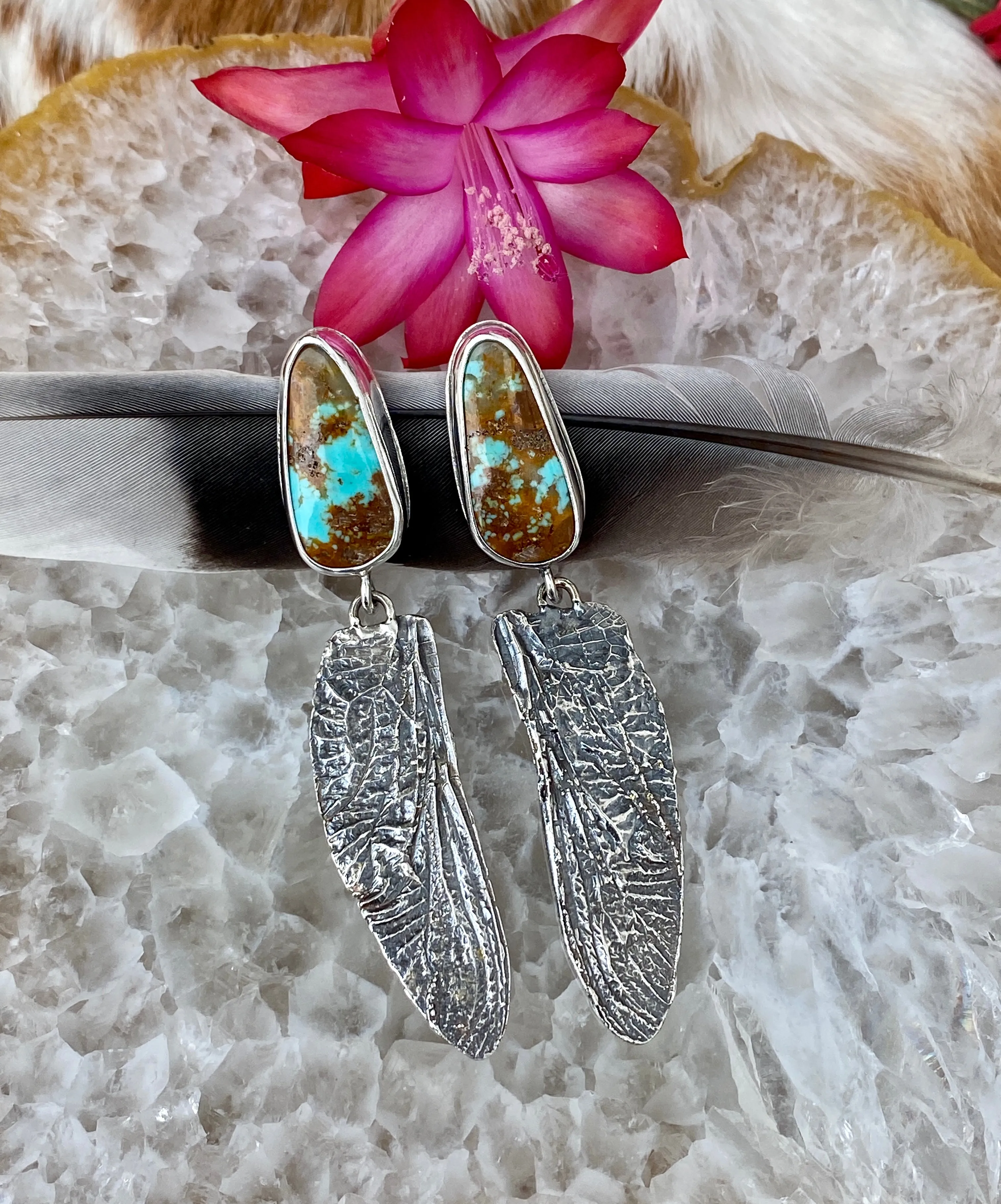 Dragonfly wings & Turquoise hand cast Sterling Silver Earrings