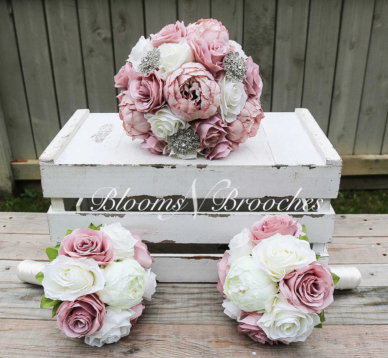 Dusty Rose and Ivory Wedding Bouquet, Wedding Flowers, Bridesmaid Bouquets, Corsage, bridal Flower Package, faux Flowers, Weddings