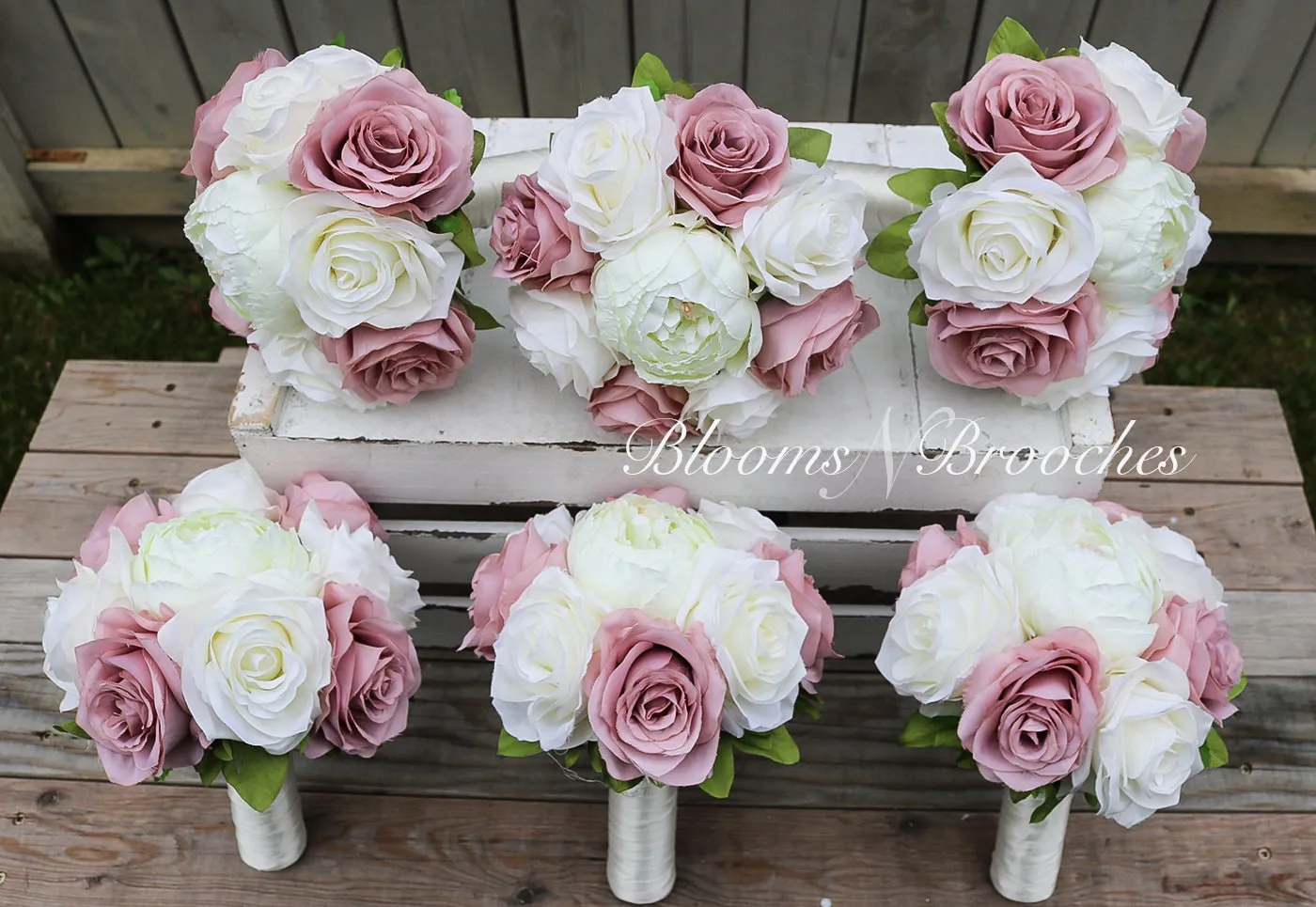 Dusty Rose and Ivory Wedding Bouquet, Wedding Flowers, Bridesmaid Bouquets, Corsage, bridal Flower Package, faux Flowers, Weddings
