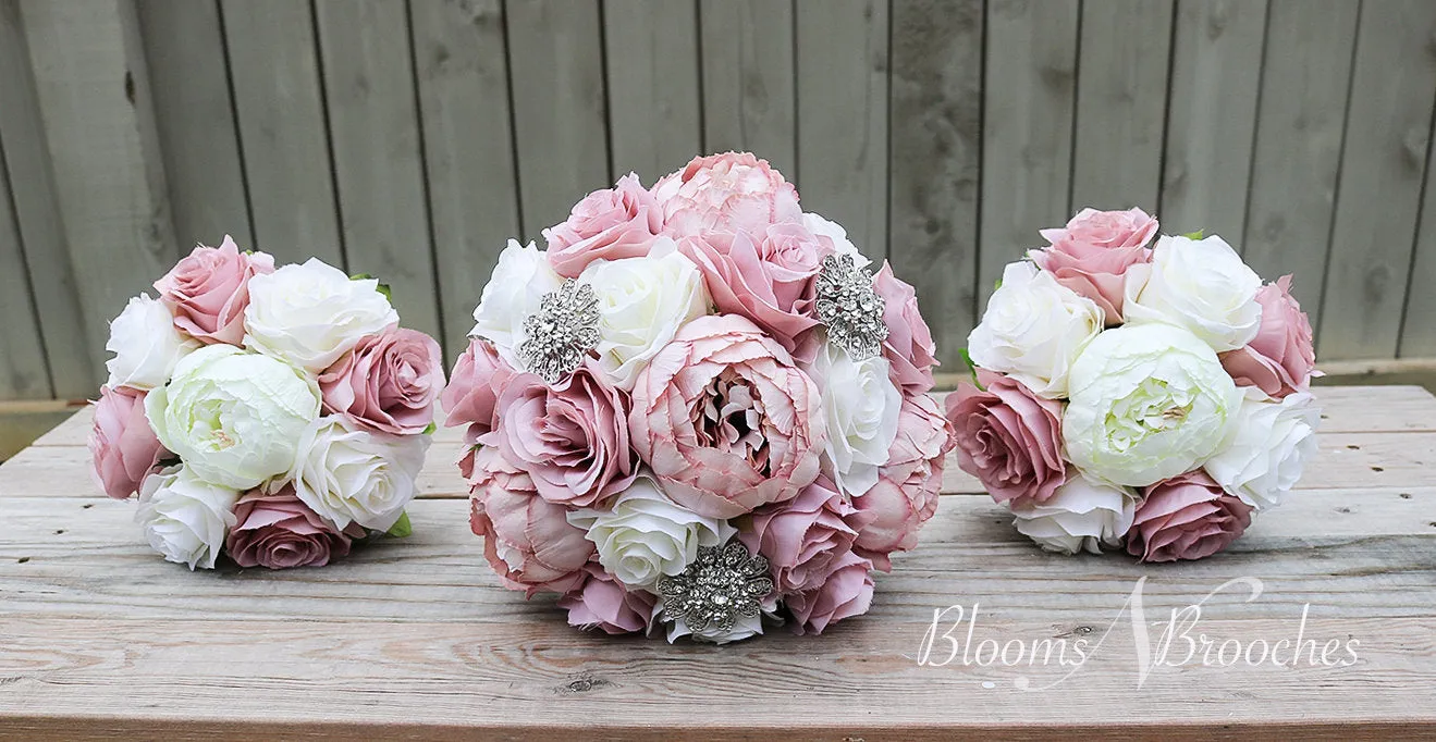 Dusty Rose and Ivory Wedding Bouquet, Wedding Flowers, Bridesmaid Bouquets, Corsage, bridal Flower Package, faux Flowers, Weddings
