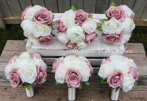 Dusty Rose and Ivory Wedding Bouquet, Wedding Flowers, Bridesmaid Bouquets, Corsage, bridal Flower Package, faux Flowers, Weddings