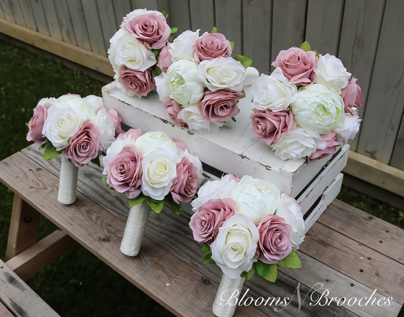 Dusty Rose and Ivory Wedding Bouquet, Wedding Flowers, Bridesmaid Bouquets, Corsage, bridal Flower Package, faux Flowers, Weddings