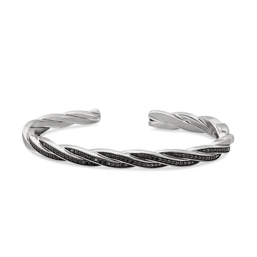 DY Helios Cuff Bracelet in Sterling Silver with Black Diamonds, 6mm, Size Medium