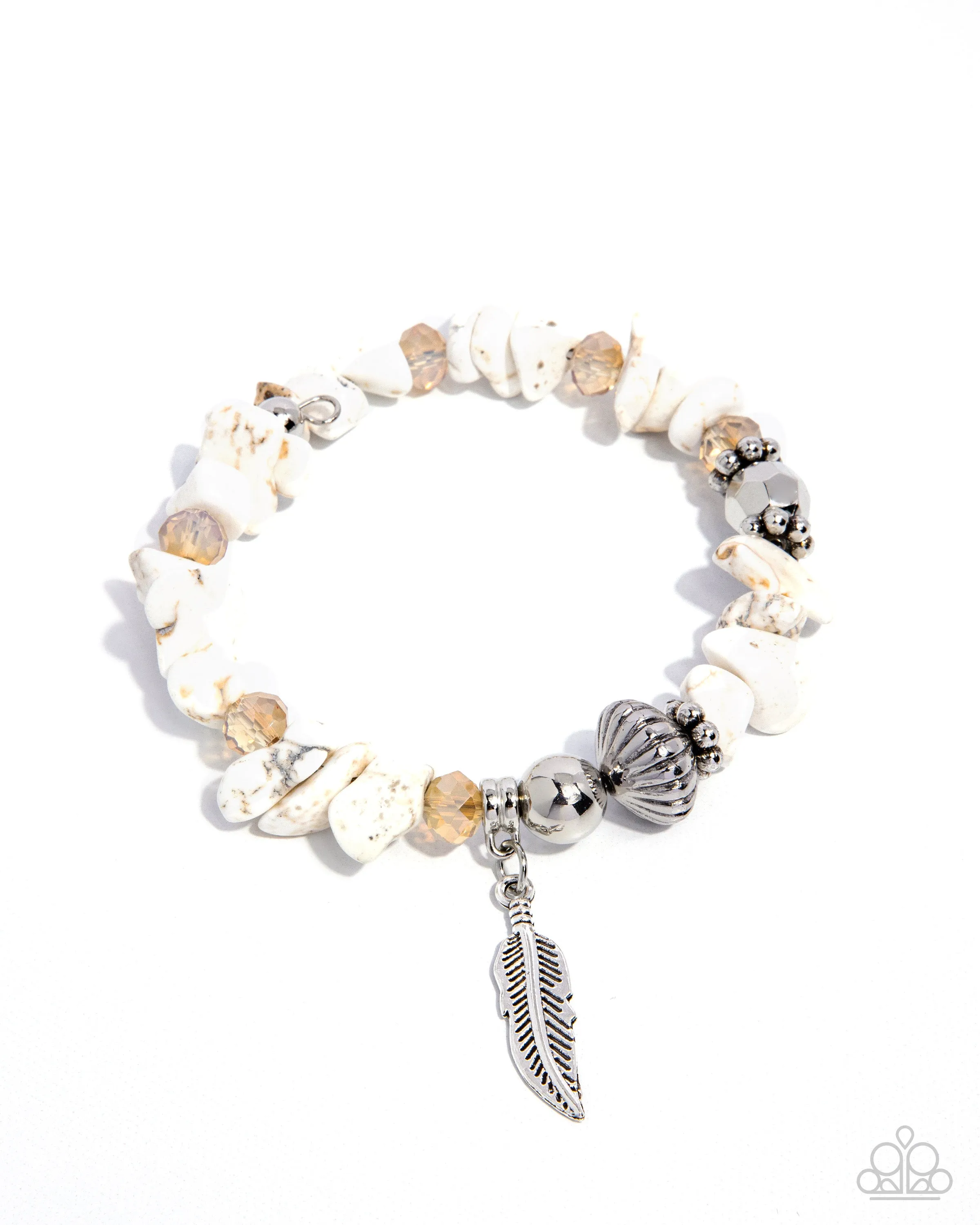 Earthy Earning - White - Stone and Silver Bead and Feather Paparazzi Flex Cuff Bracelet