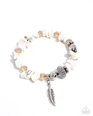 Earthy Earning - White - Stone and Silver Bead and Feather Paparazzi Flex Cuff Bracelet