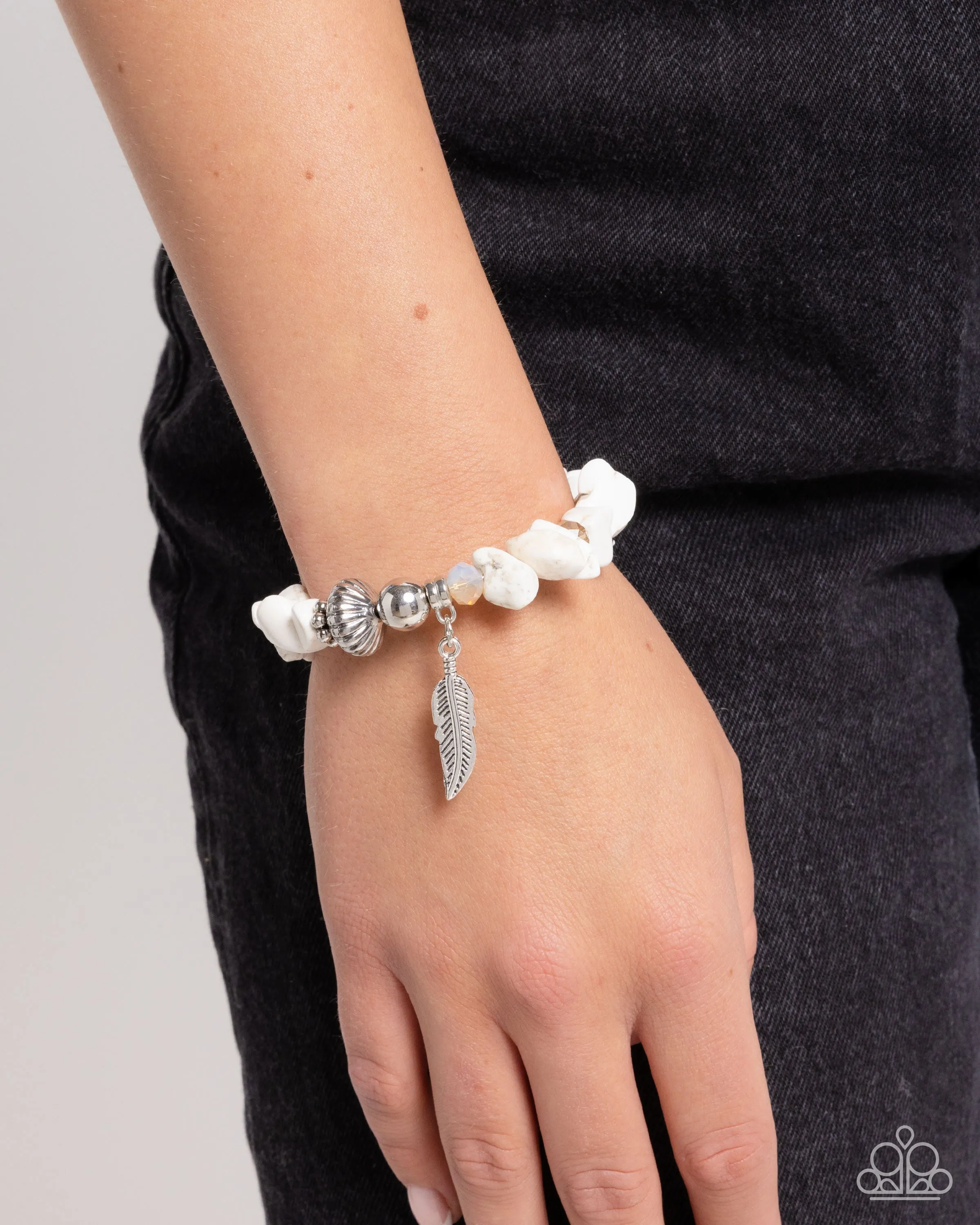 Earthy Earning - White - Stone and Silver Bead and Feather Paparazzi Flex Cuff Bracelet