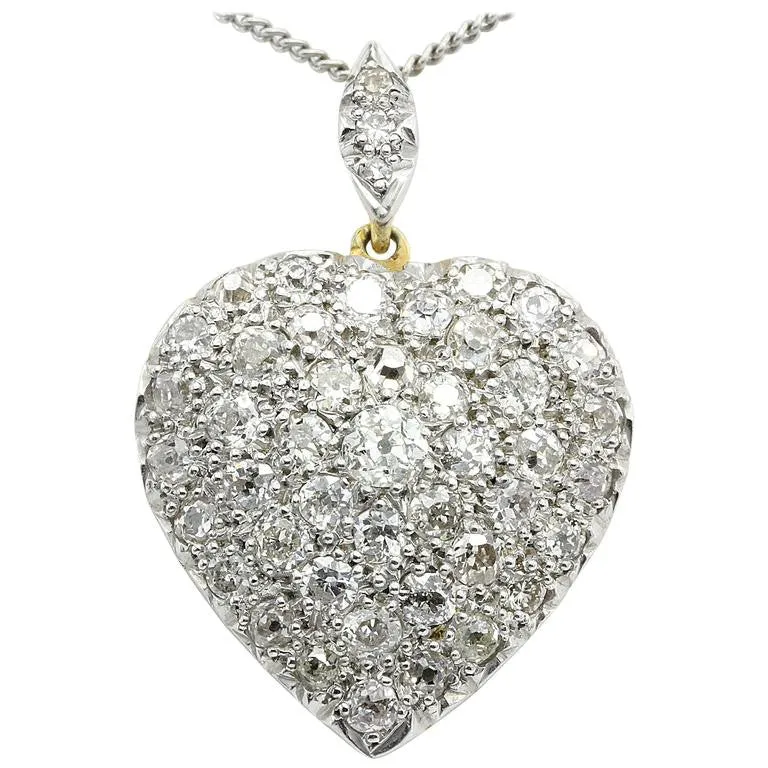 Edwardian 18K Gold and Platinum Top Old European Cut Diamond Heart Pendant 24mm
