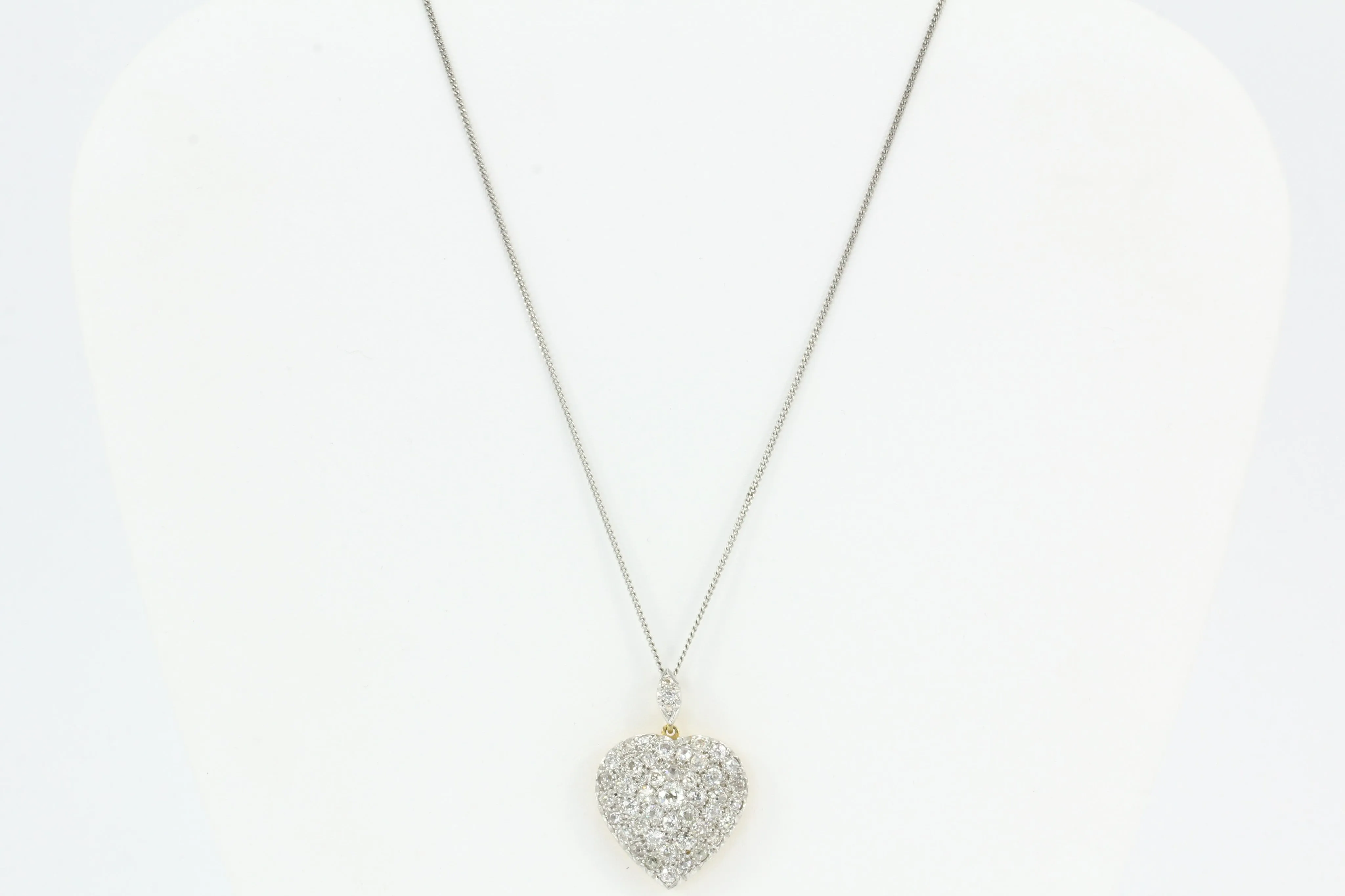 Edwardian 18K Gold and Platinum Top Old European Cut Diamond Heart Pendant 24mm