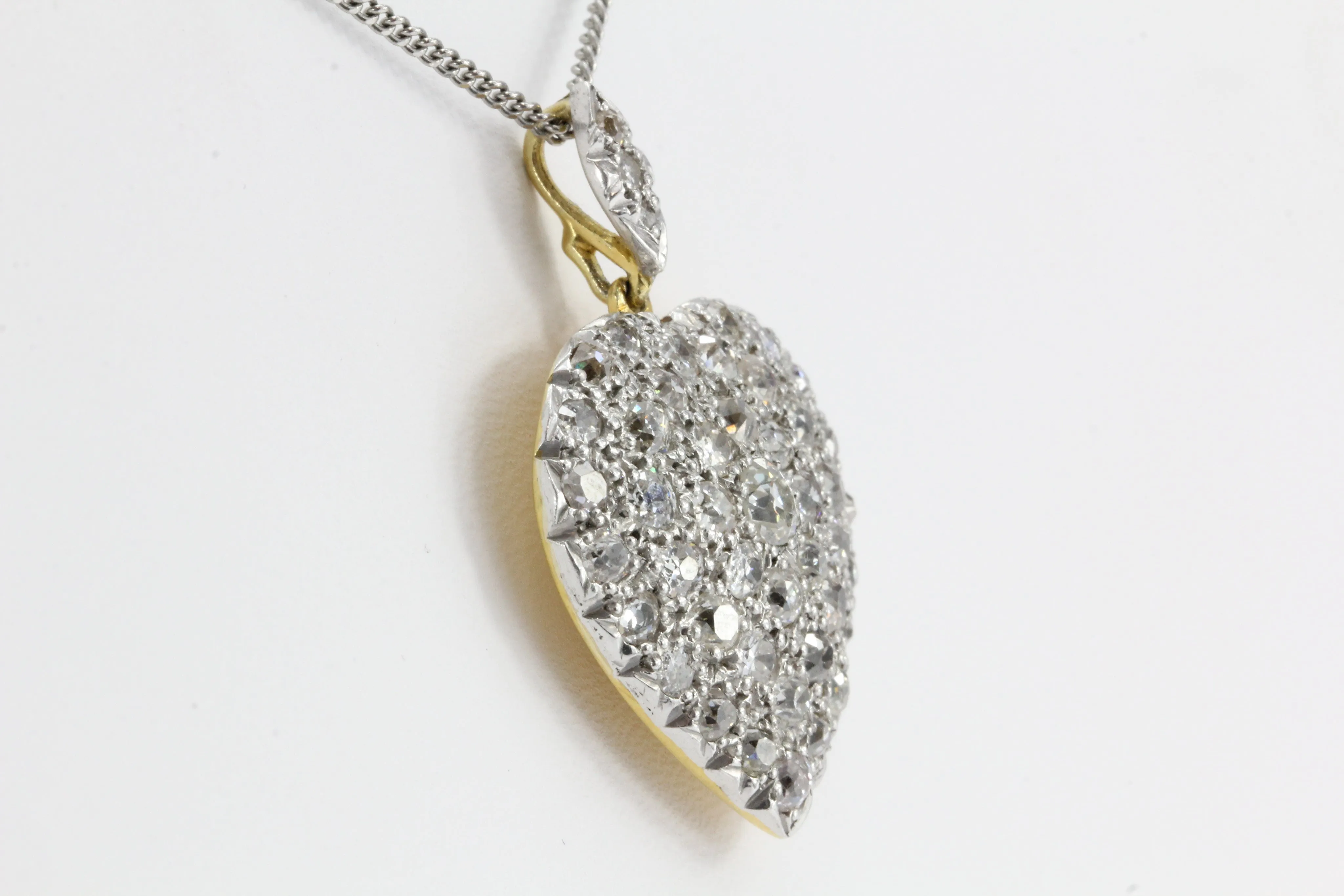 Edwardian 18K Gold and Platinum Top Old European Cut Diamond Heart Pendant 24mm
