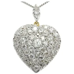 Edwardian 18K Gold and Platinum Top Old European Cut Diamond Heart Pendant 24mm