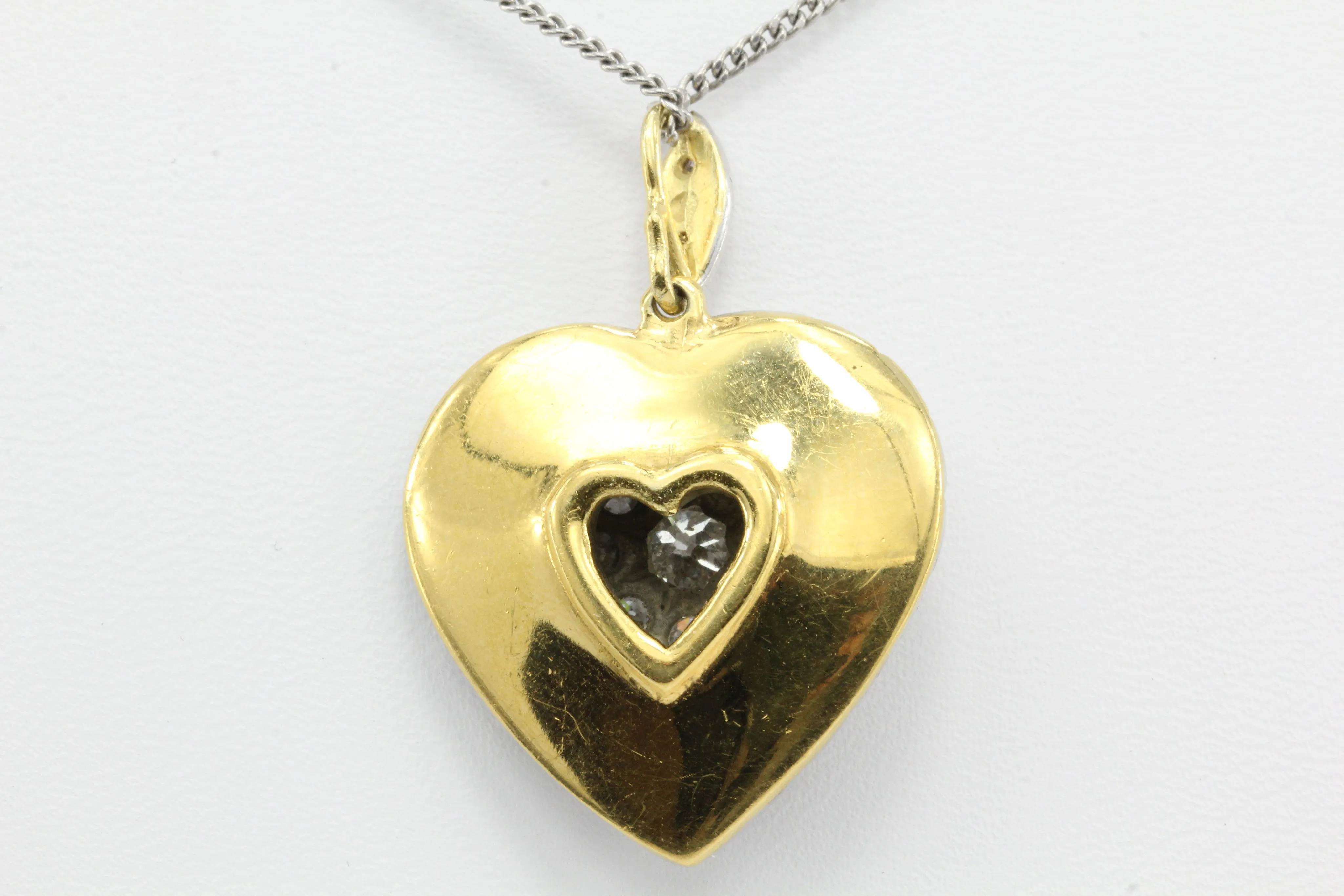 Edwardian 18K Gold and Platinum Top Old European Cut Diamond Heart Pendant 24mm