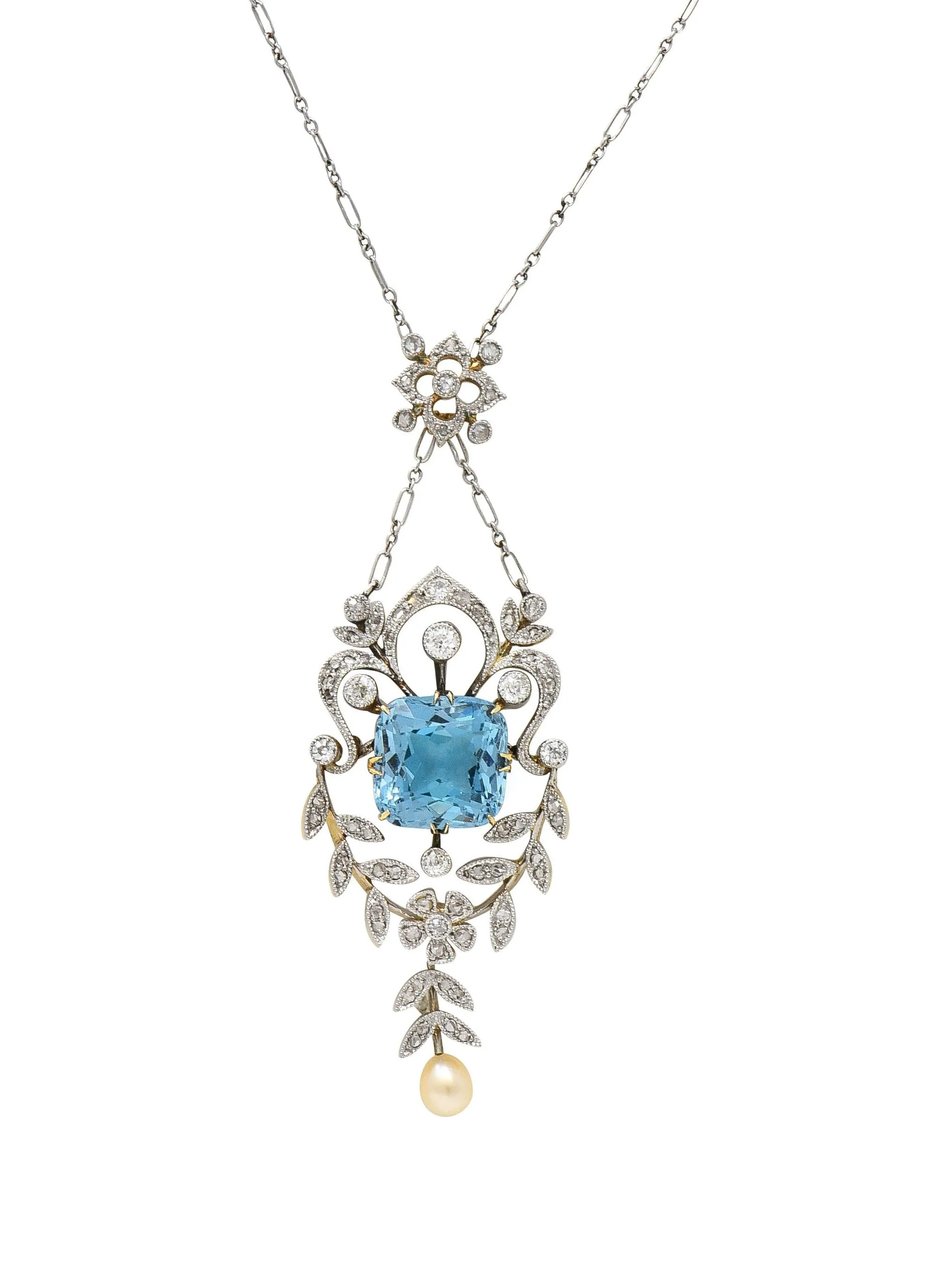 Edwardian 6.00 CTW Aquamarine Diamond Pearl Platinum 18 Karat Gold Antique Lavalier Necklace