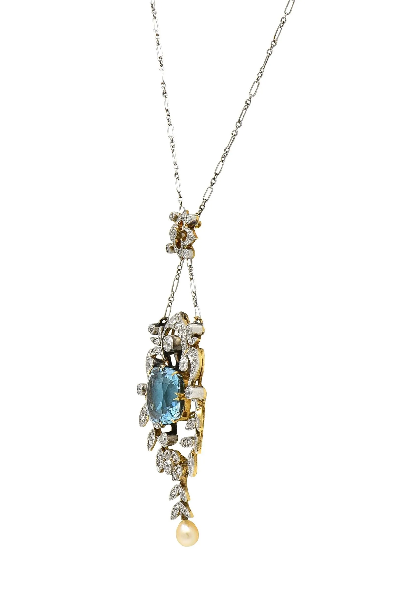 Edwardian 6.00 CTW Aquamarine Diamond Pearl Platinum 18 Karat Gold Antique Lavalier Necklace