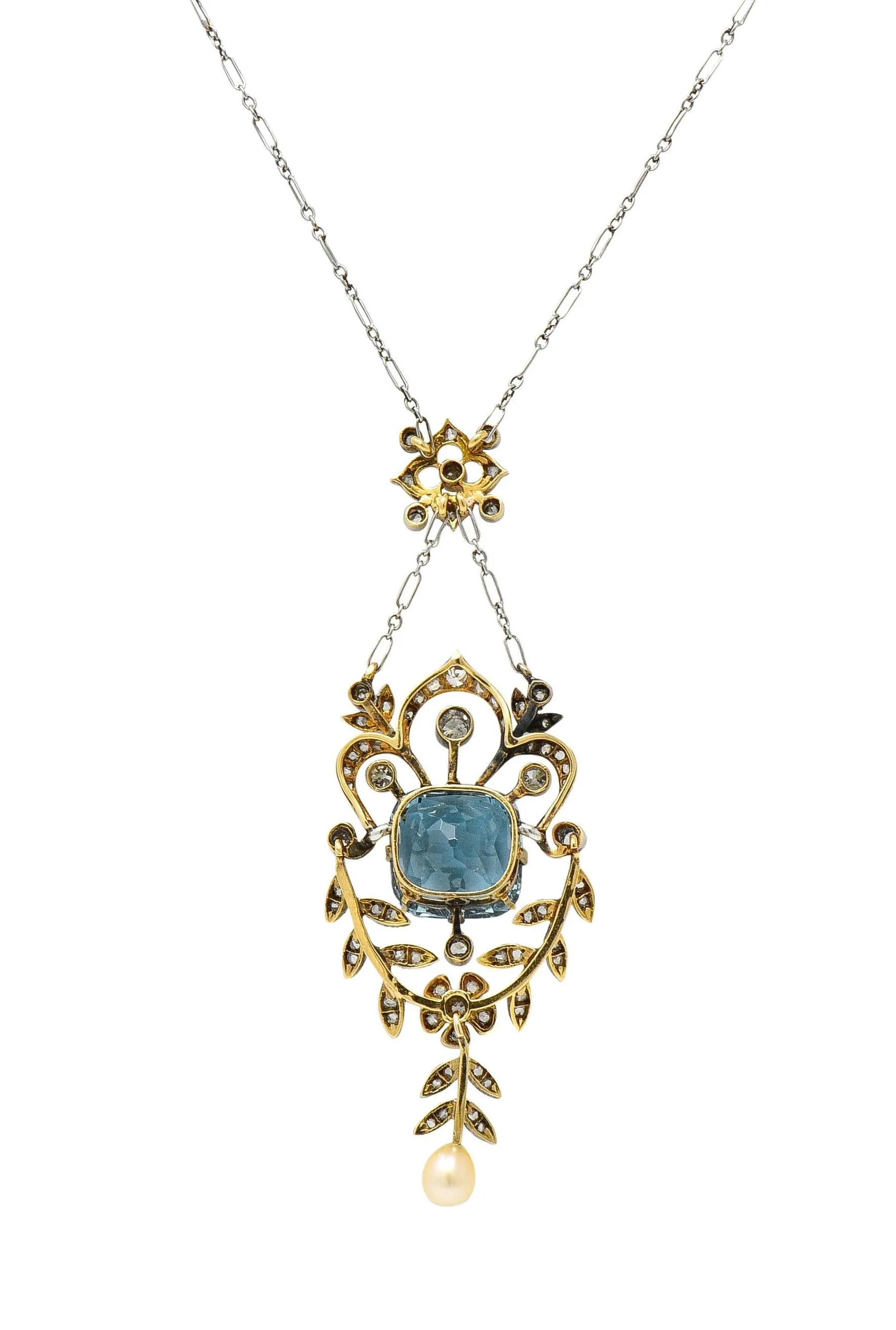 Edwardian 6.00 CTW Aquamarine Diamond Pearl Platinum 18 Karat Gold Antique Lavalier Necklace
