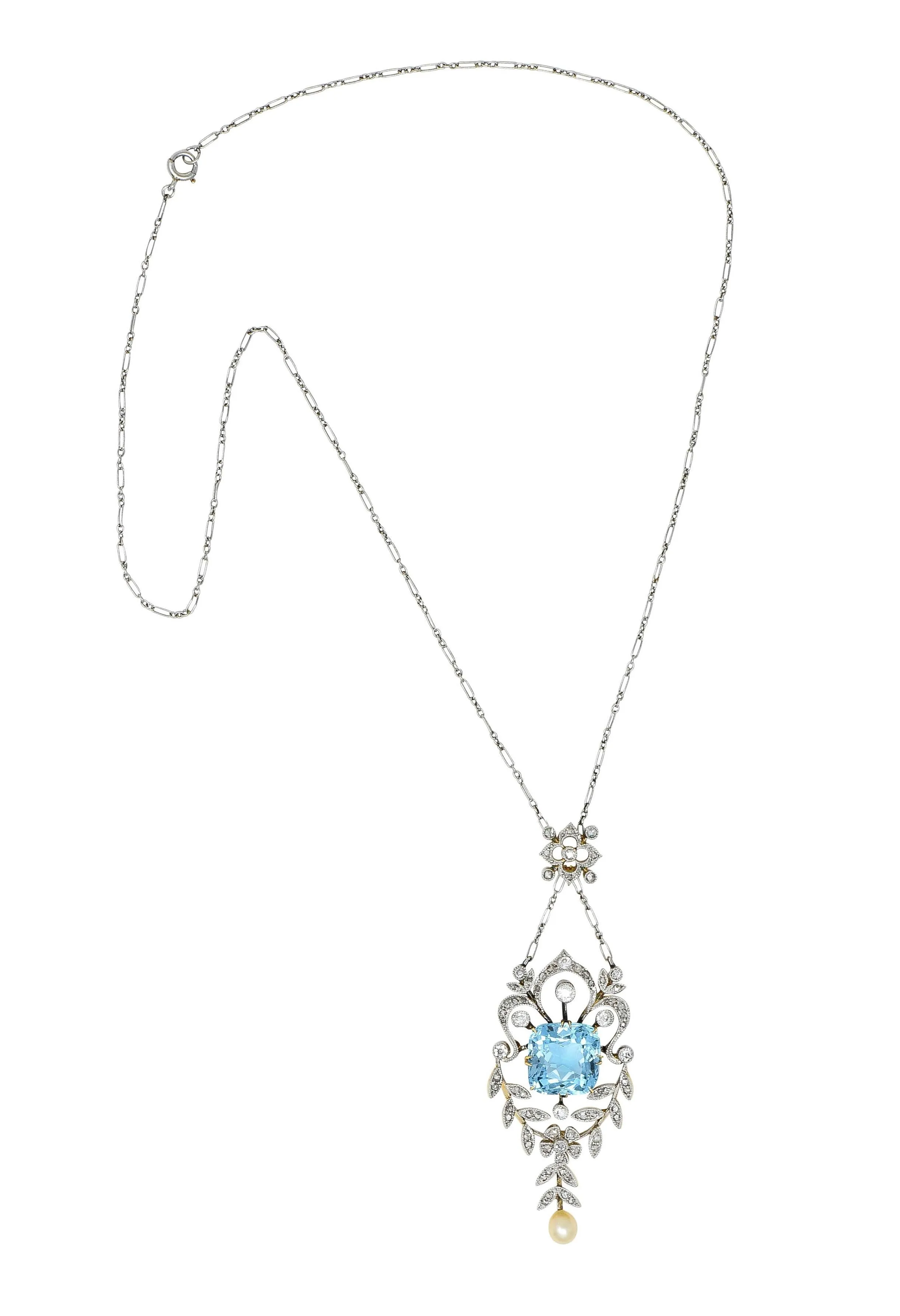 Edwardian 6.00 CTW Aquamarine Diamond Pearl Platinum 18 Karat Gold Antique Lavalier Necklace
