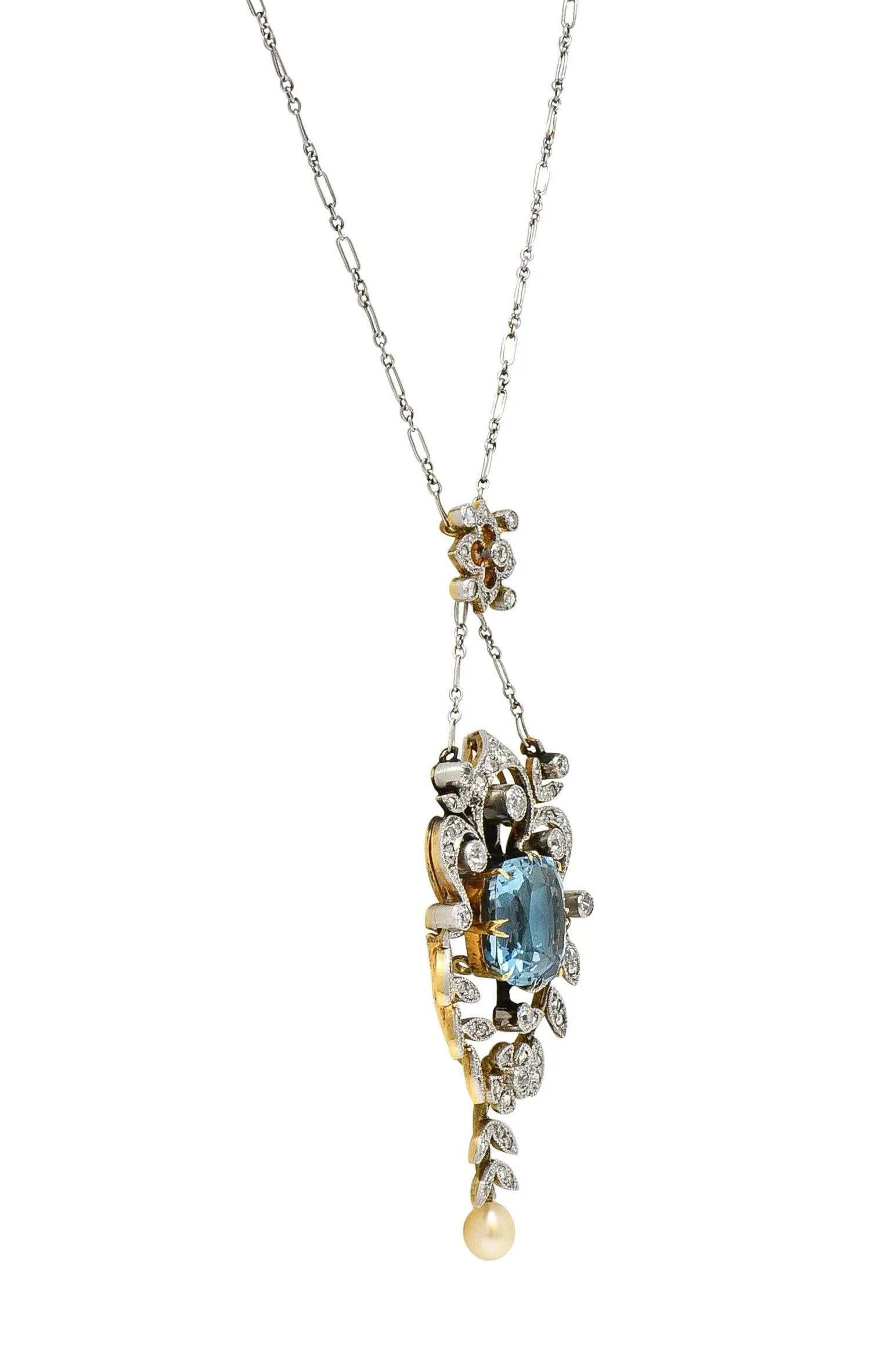Edwardian 6.00 CTW Aquamarine Diamond Pearl Platinum 18 Karat Gold Antique Lavalier Necklace
